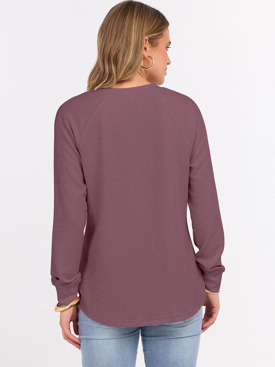 imageANRABESS Womens Long Sleeve Waffle Knit Shirts Dressy Casual Loose Button Up V Neck Henley Tops 2025 Fall Basic Tee BlouseMauve