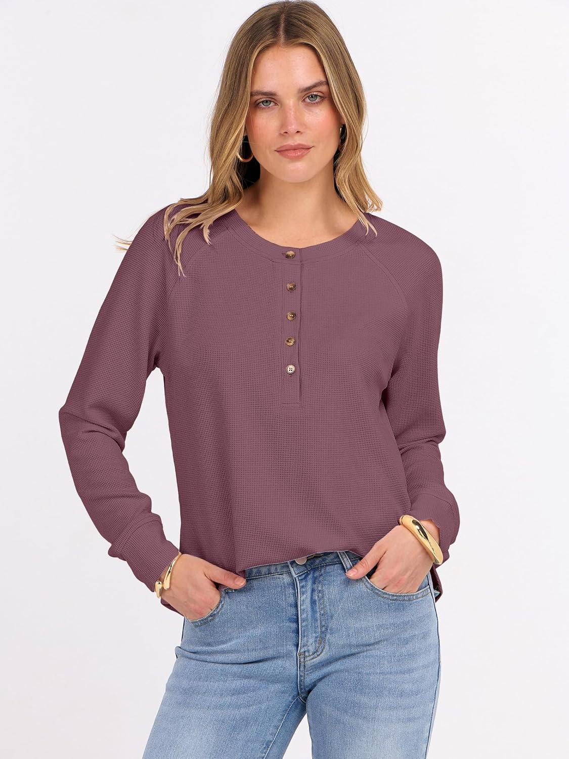 imageANRABESS Womens Long Sleeve Waffle Knit Shirts Dressy Casual Loose Button Up V Neck Henley Tops 2025 Fall Basic Tee BlouseMauve