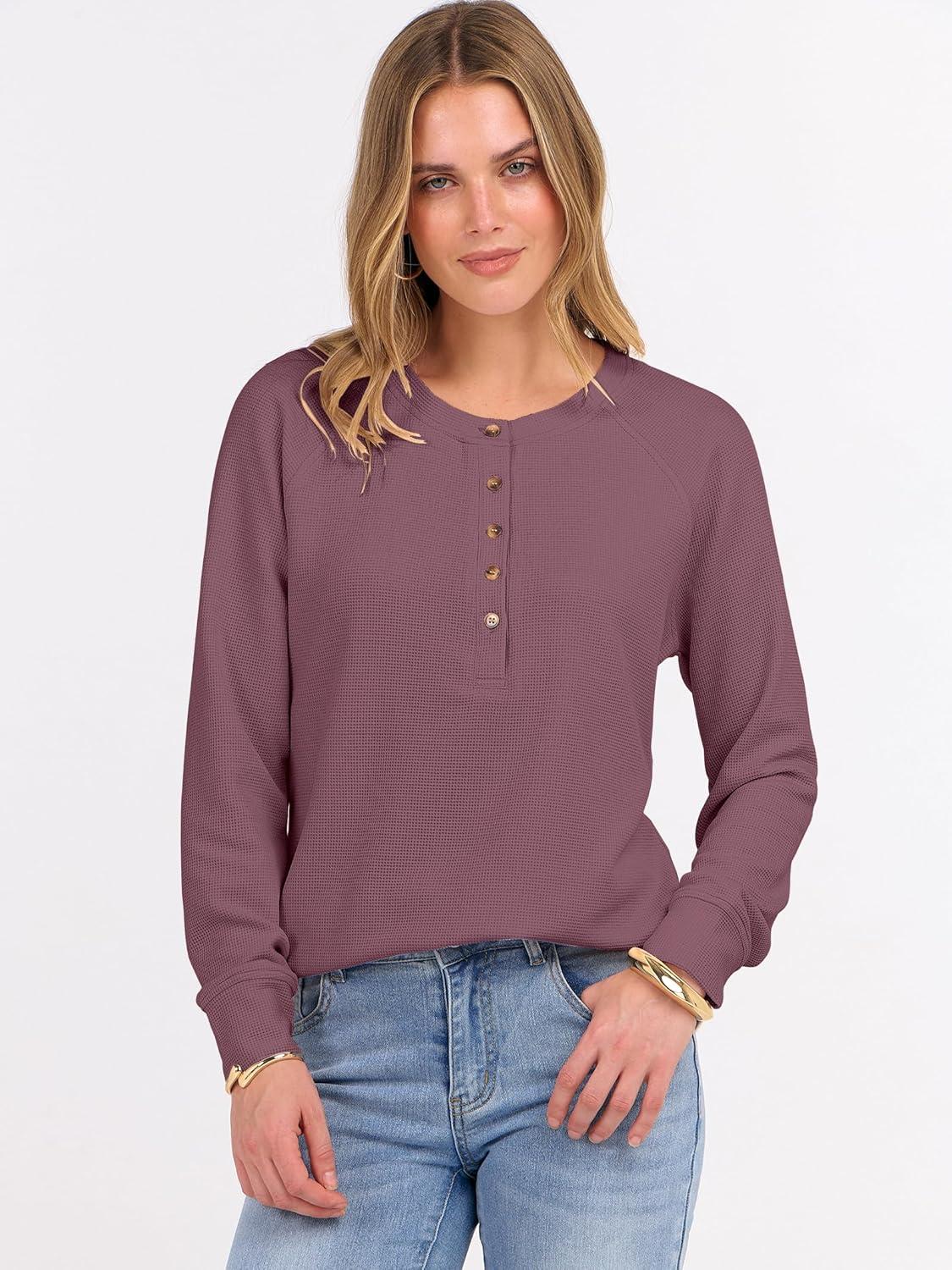 imageANRABESS Womens Long Sleeve Waffle Knit Shirts Dressy Casual Loose Button Up V Neck Henley Tops 2025 Fall Basic Tee BlouseMauve