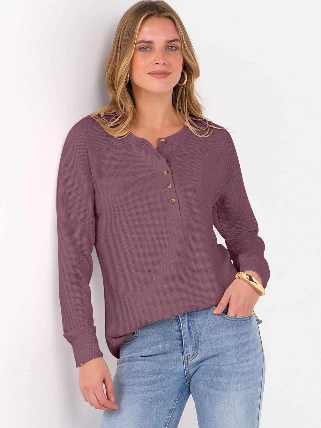 imageANRABESS Womens Long Sleeve Waffle Knit Shirts Dressy Casual Loose Button Up V Neck Henley Tops 2025 Fall Basic Tee BlouseMauve