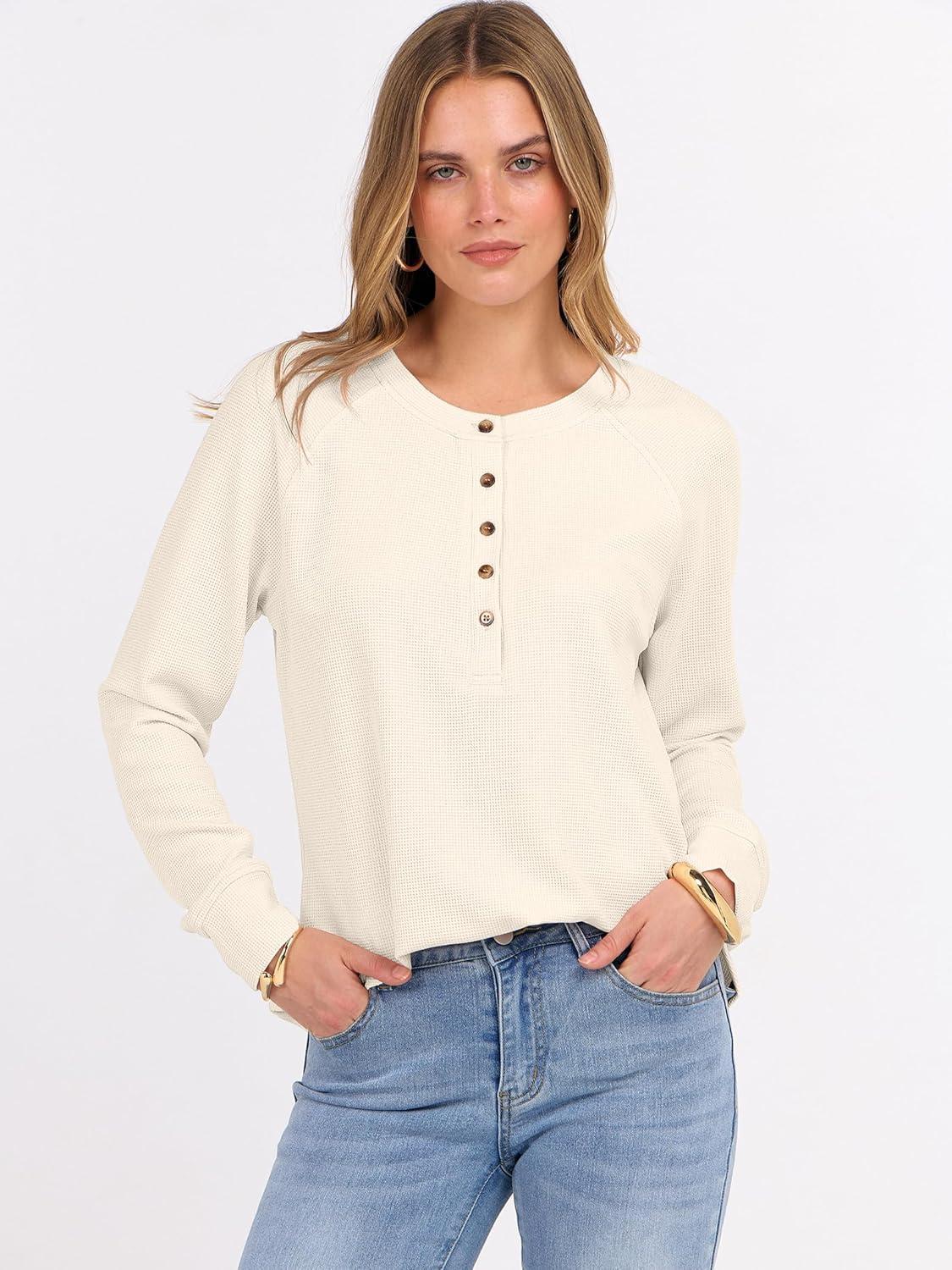imageANRABESS Womens Long Sleeve Waffle Knit Shirts Dressy Casual Loose Button Up V Neck Henley Tops 2025 Fall Basic Tee BlouseParchment
