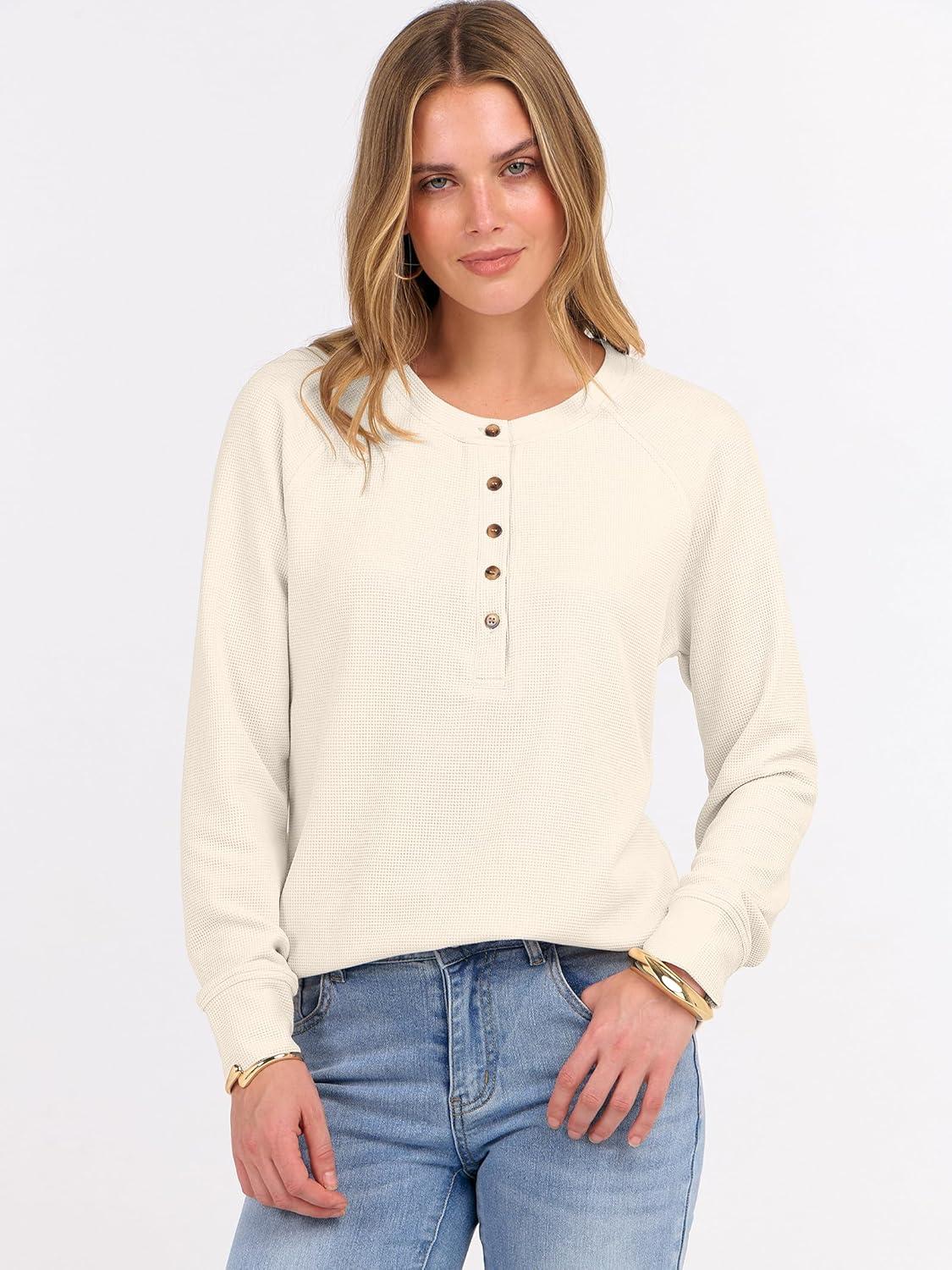 imageANRABESS Womens Long Sleeve Waffle Knit Shirts Dressy Casual Loose Button Up V Neck Henley Tops 2025 Fall Basic Tee BlouseParchment