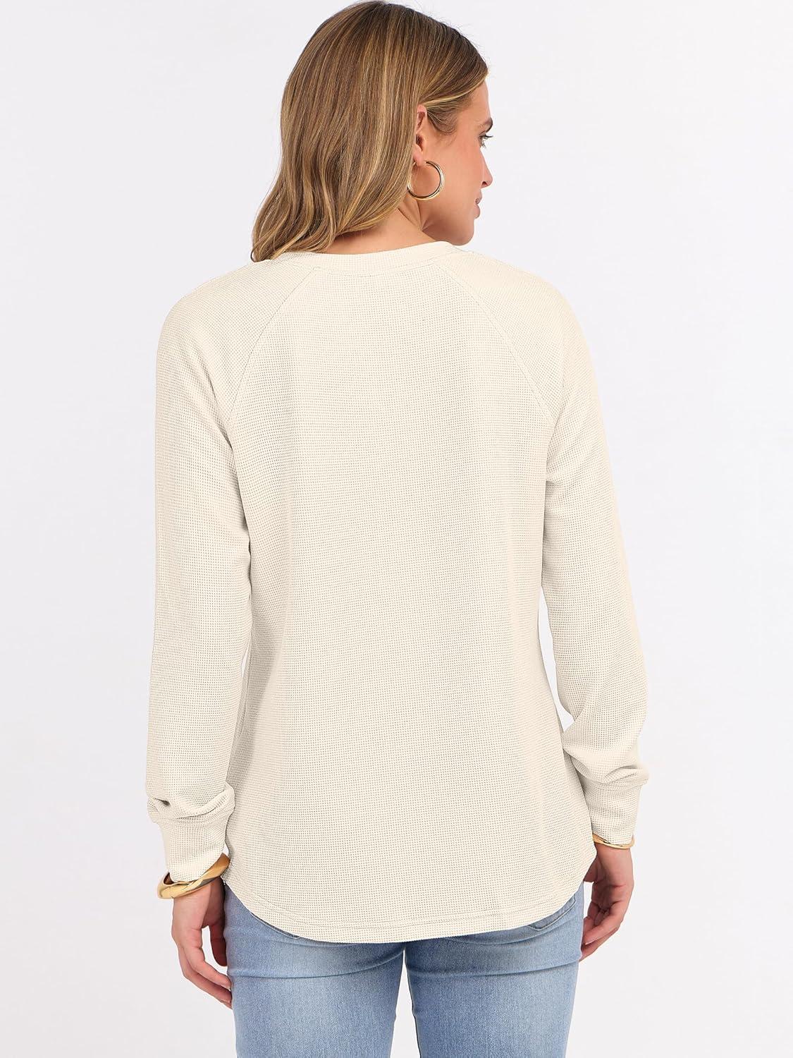 imageANRABESS Womens Long Sleeve Waffle Knit Shirts Dressy Casual Loose Button Up V Neck Henley Tops 2025 Fall Basic Tee BlouseParchment