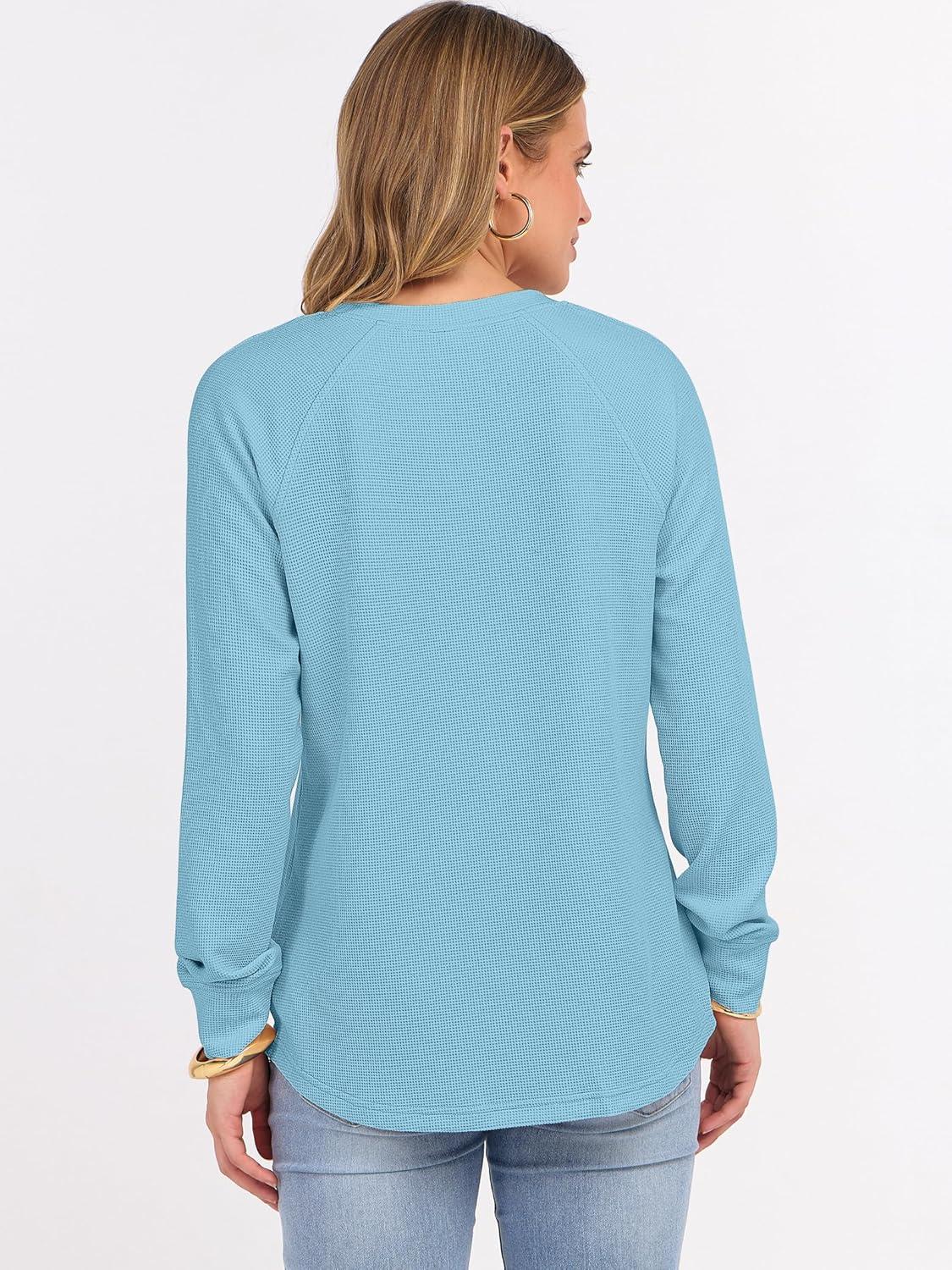 imageANRABESS Womens Long Sleeve Waffle Knit Shirts Dressy Casual Loose Button Up V Neck Henley Tops 2025 Fall Basic Tee BlouseSky Blue