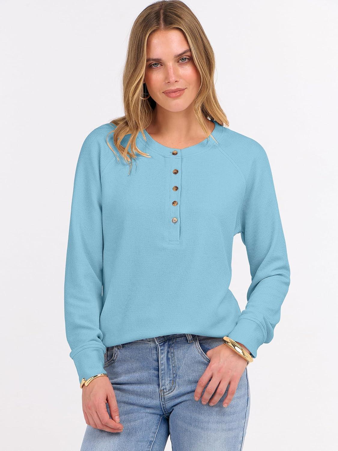 imageANRABESS Womens Long Sleeve Waffle Knit Shirts Dressy Casual Loose Button Up V Neck Henley Tops 2025 Fall Basic Tee BlouseSky Blue