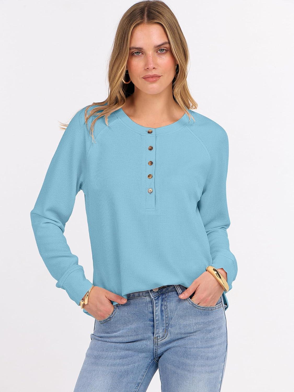 imageANRABESS Womens Long Sleeve Waffle Knit Shirts Dressy Casual Loose Button Up V Neck Henley Tops 2025 Fall Basic Tee BlouseSky Blue
