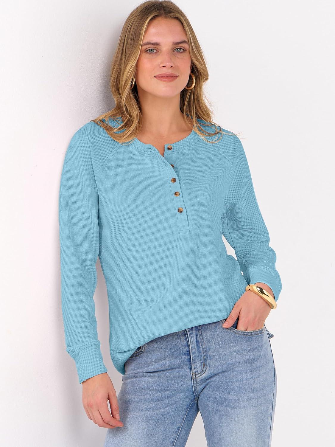 imageANRABESS Womens Long Sleeve Waffle Knit Shirts Dressy Casual Loose Button Up V Neck Henley Tops 2025 Fall Basic Tee BlouseSky Blue