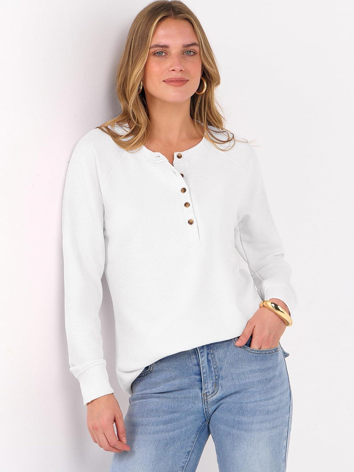 imageANRABESS Womens Long Sleeve Waffle Knit Shirts Dressy Casual Loose Button Up V Neck Henley Tops 2025 Fall Basic Tee BlouseWhite