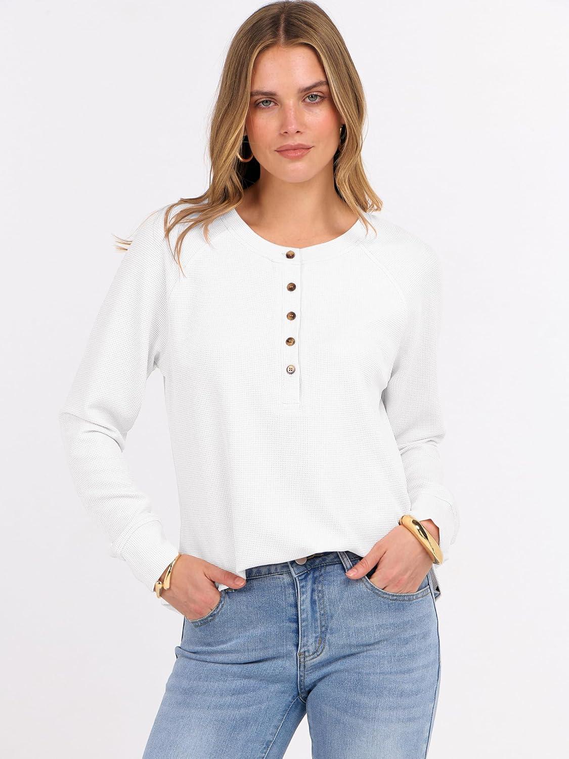 imageANRABESS Womens Long Sleeve Waffle Knit Shirts Dressy Casual Loose Button Up V Neck Henley Tops 2025 Fall Basic Tee BlouseWhite