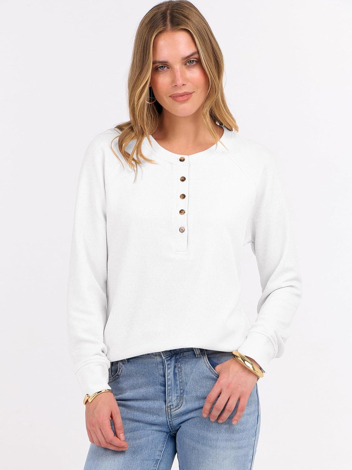 imageANRABESS Womens Long Sleeve Waffle Knit Shirts Dressy Casual Loose Button Up V Neck Henley Tops 2025 Fall Basic Tee BlouseWhite