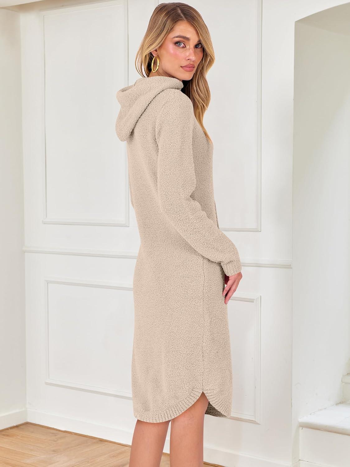 imageANRABESS Womens Nightgown Fuzzy Fleece Long Sleeve Hooded Night Gown Knit House Dress with Pocket 2025 Fall Winter LoungewearLight Khaki