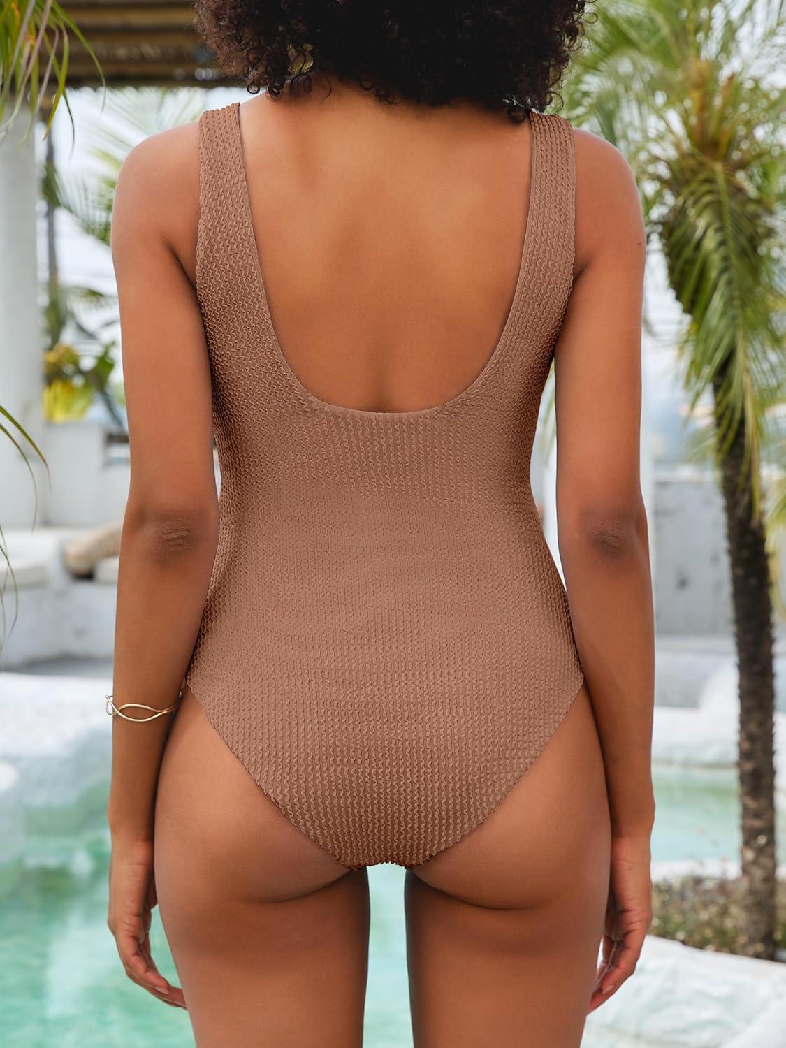 imageANRABESS Womens One Piece Swimsuit Square Neck Backless Solid Modest Full Coverage Ribbed Bathing Suits 2026 Summer SwimwearCoffee