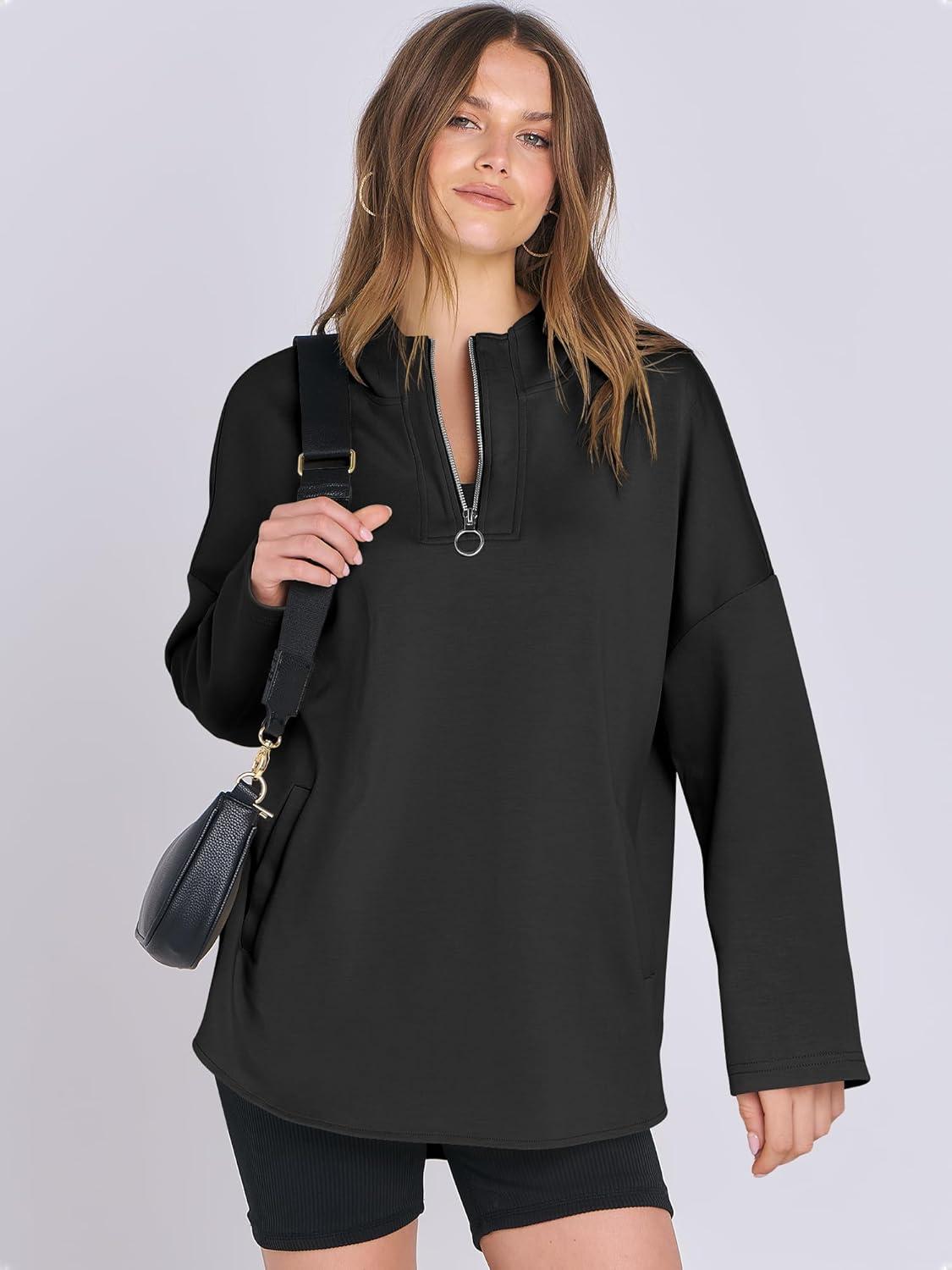 imageANRABESS Womens Oversized Hoodie Quarter Zip Sweatshirts 2025 Fall Winter Tunic Pullover Top Trendy Teen Girls Preppy ClothesBlack