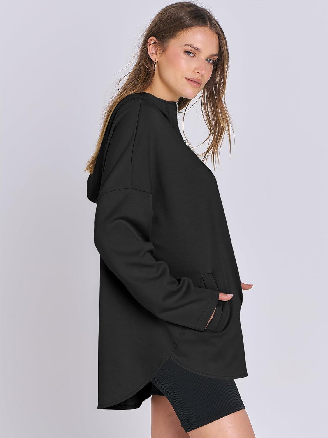 imageANRABESS Womens Oversized Hoodie Quarter Zip Sweatshirts 2025 Fall Winter Tunic Pullover Top Trendy Teen Girls Preppy ClothesBlack