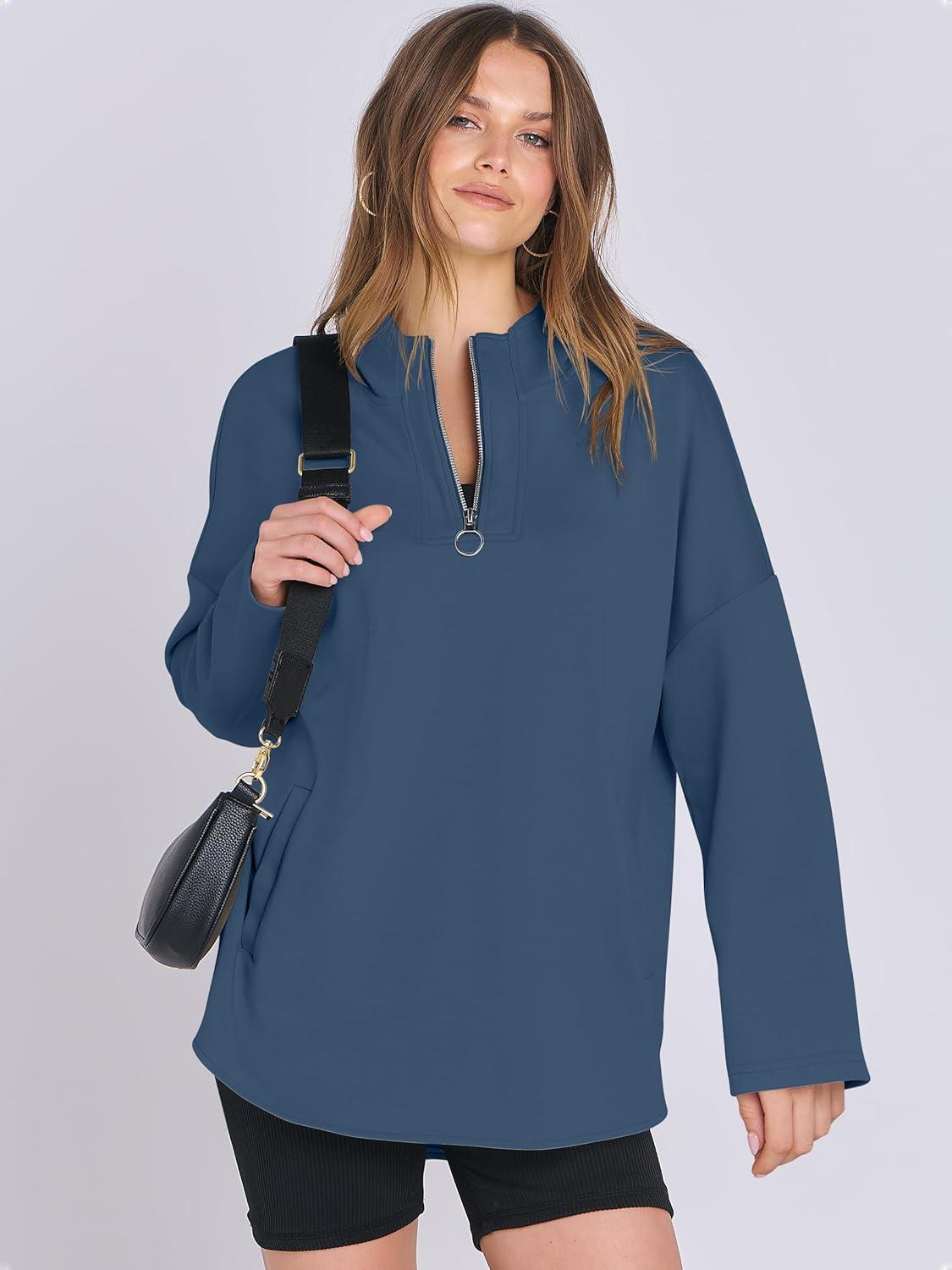 imageANRABESS Womens Oversized Hoodie Quarter Zip Sweatshirts 2025 Fall Winter Tunic Pullover Top Trendy Teen Girls Preppy ClothesBlue