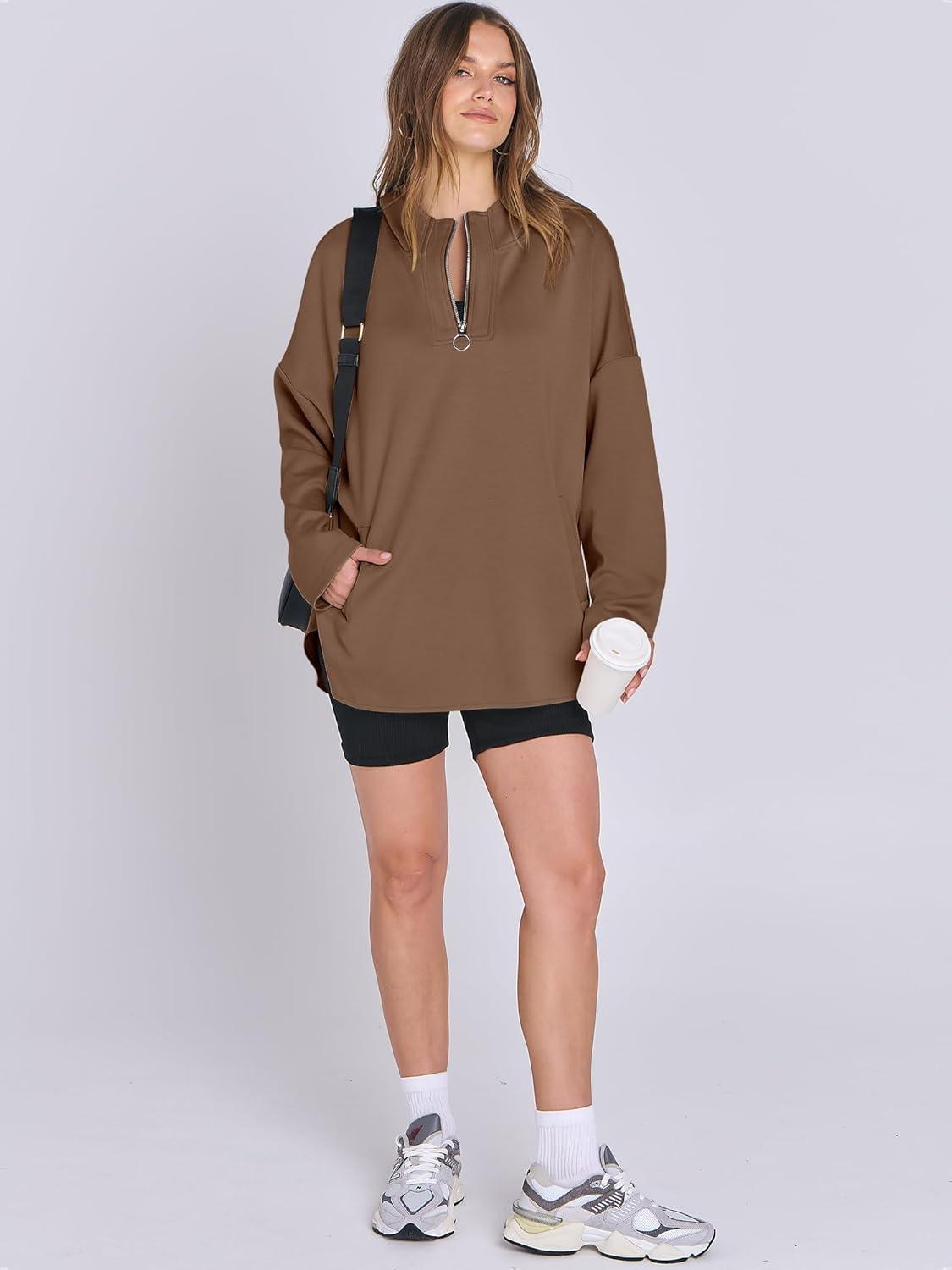 imageANRABESS Womens Oversized Hoodie Quarter Zip Sweatshirts 2025 Fall Winter Tunic Pullover Top Trendy Teen Girls Preppy ClothesBrown