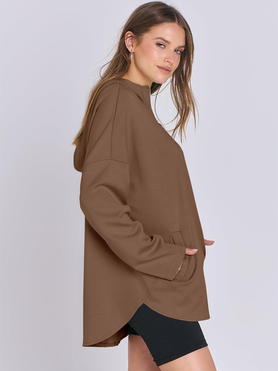imageANRABESS Womens Oversized Hoodie Quarter Zip Sweatshirts 2025 Fall Winter Tunic Pullover Top Trendy Teen Girls Preppy ClothesBrown