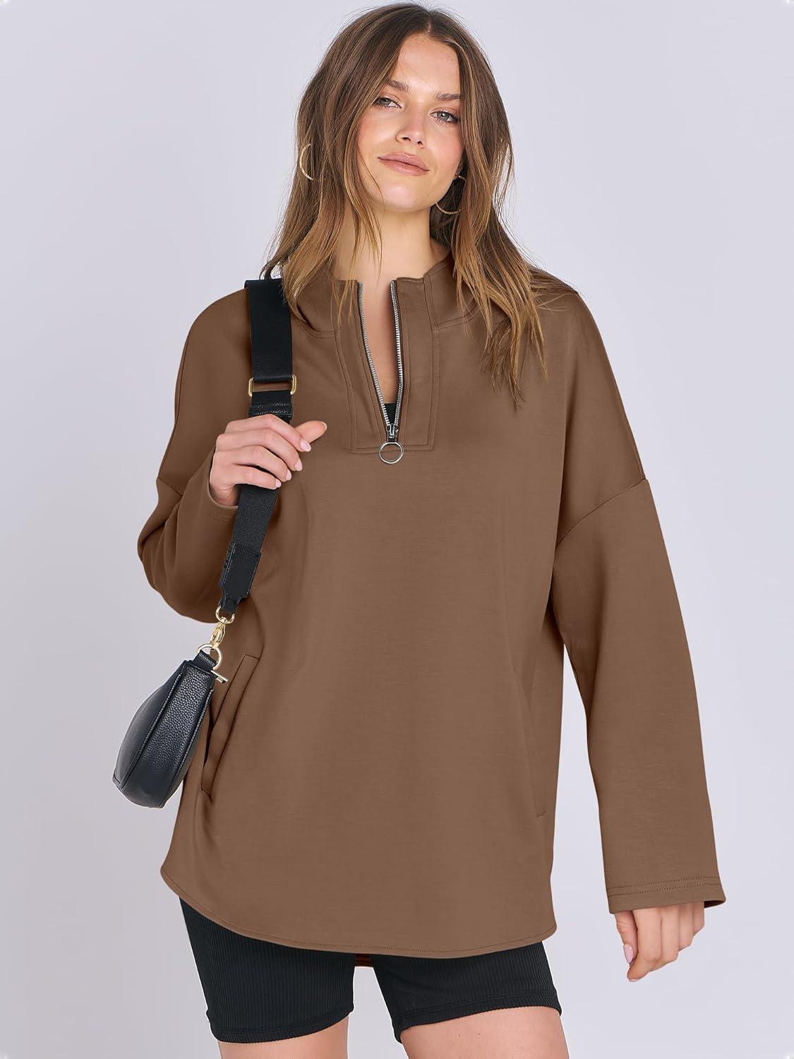 imageANRABESS Womens Oversized Hoodie Quarter Zip Sweatshirts 2025 Fall Winter Tunic Pullover Top Trendy Teen Girls Preppy ClothesBrown