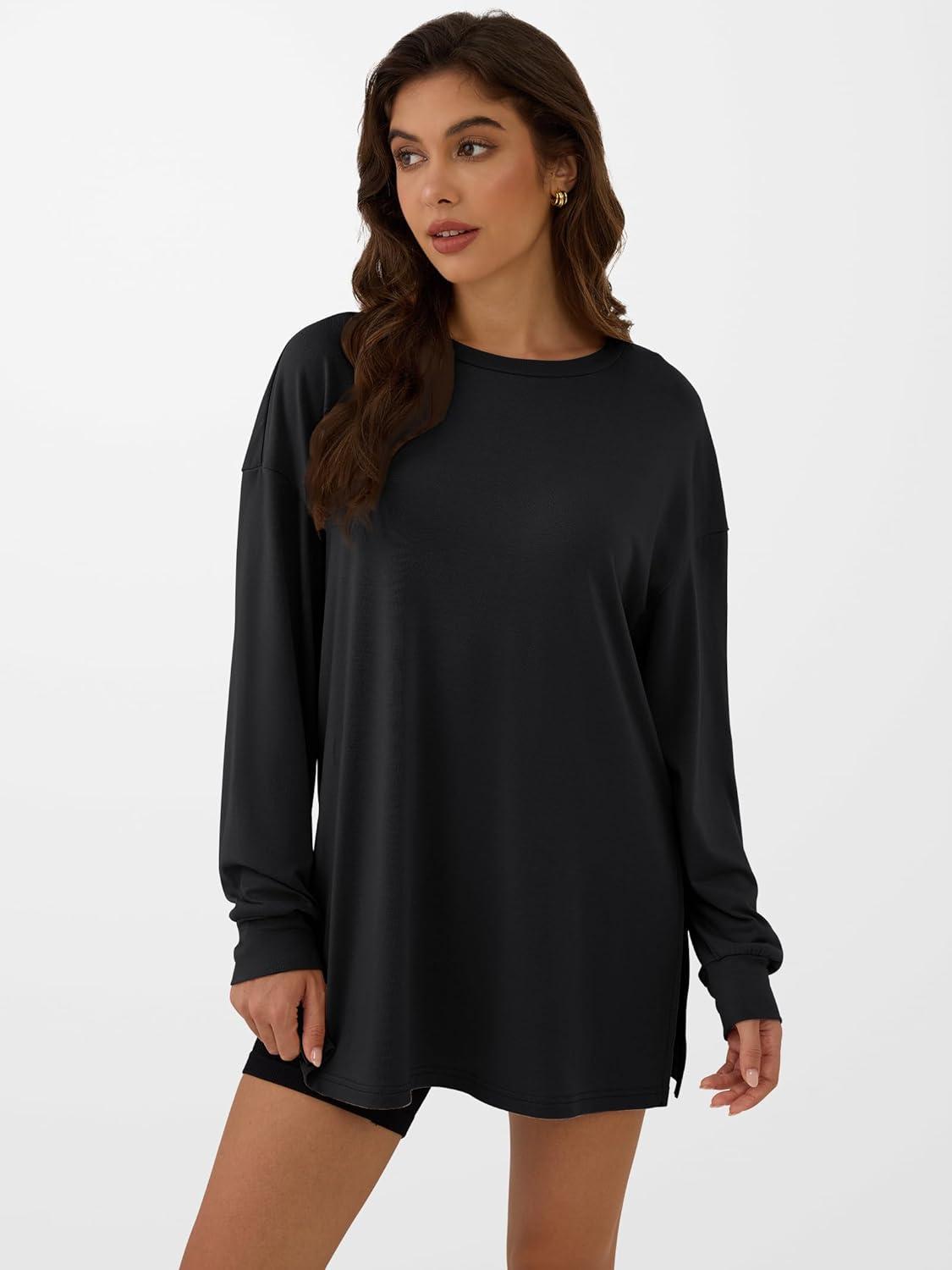 imageANRABESS Womens Oversized Long Sleeve shirts Fall Workout Tunic Tops Athletic Gym Tshirts Soft Basic Tees 2025 OutfitsBlack