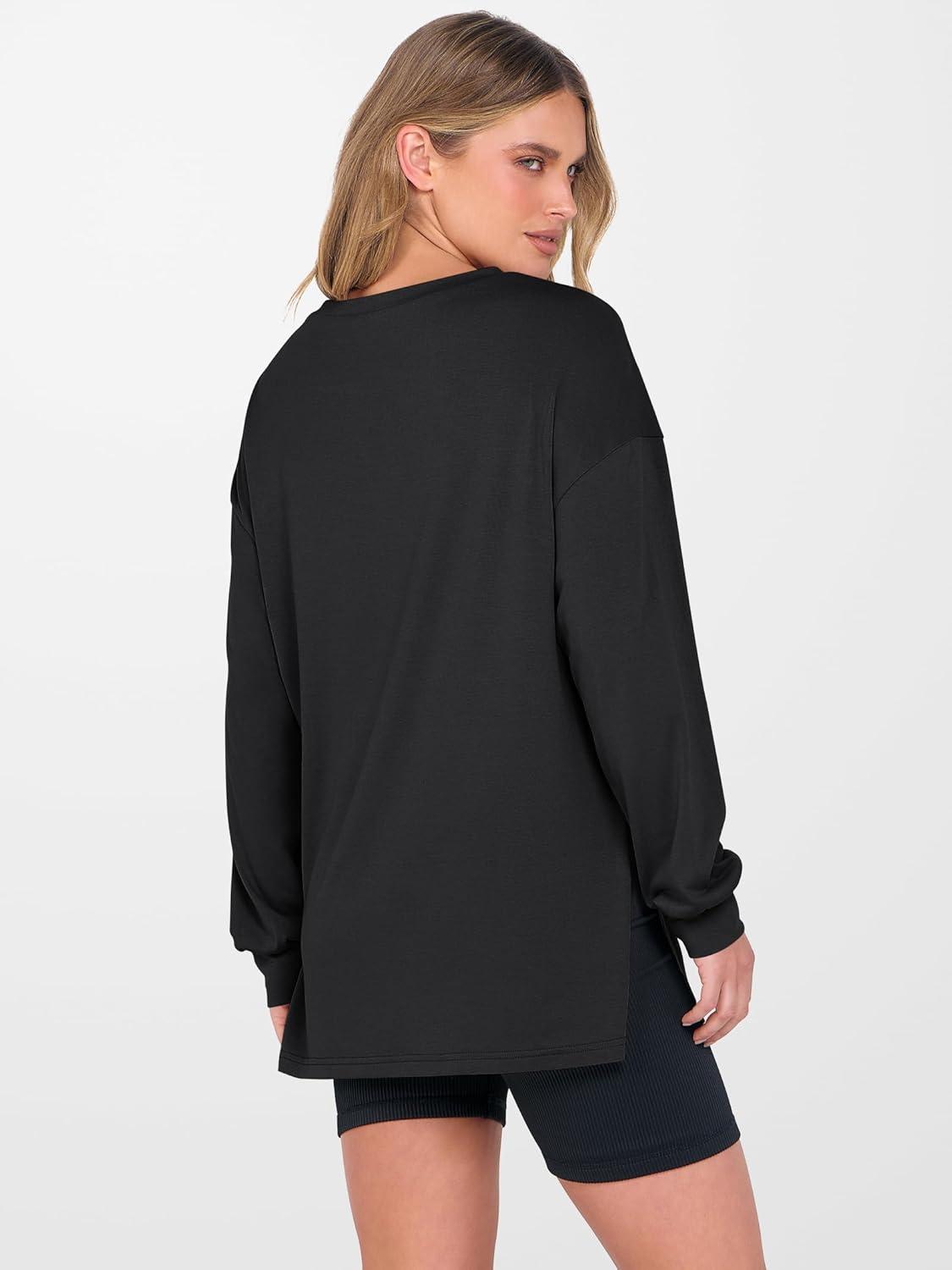 imageANRABESS Womens Oversized Long Sleeve shirts Fall Workout Tunic Tops Athletic Gym Tshirts Soft Basic Tees 2025 OutfitsBlack