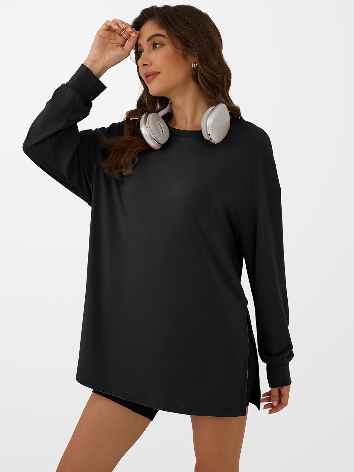 imageANRABESS Womens Oversized Long Sleeve shirts Fall Workout Tunic Tops Athletic Gym Tshirts Soft Basic Tees 2025 OutfitsBlack