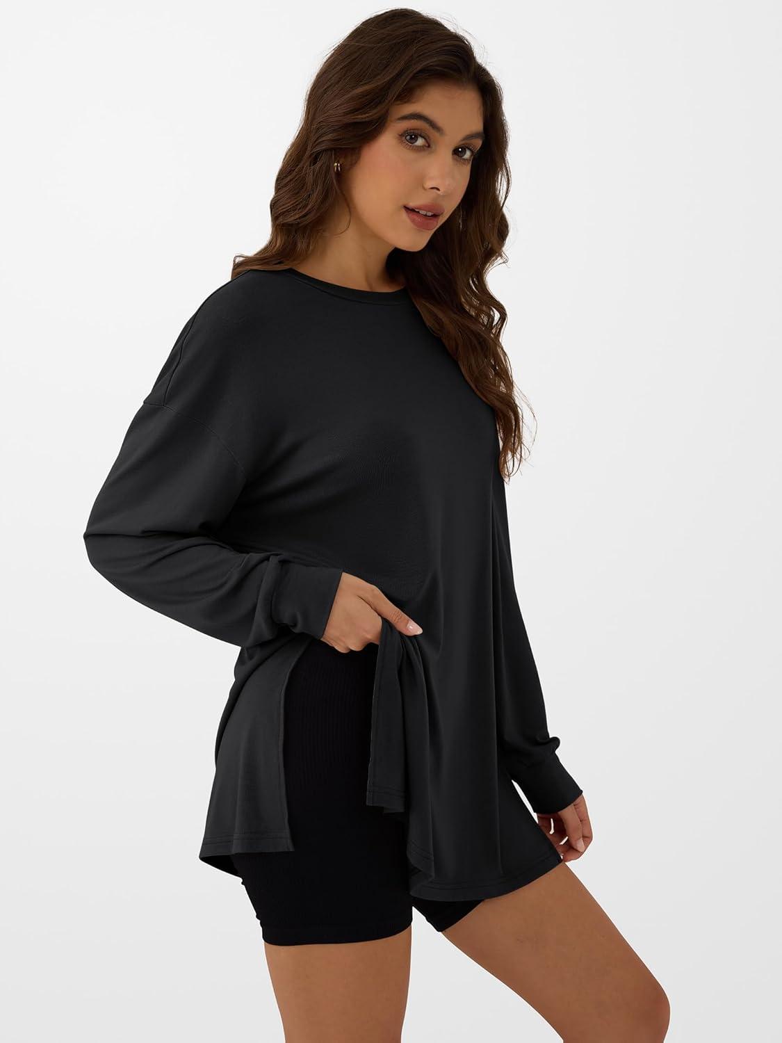 imageANRABESS Womens Oversized Long Sleeve shirts Fall Workout Tunic Tops Athletic Gym Tshirts Soft Basic Tees 2025 OutfitsBlack