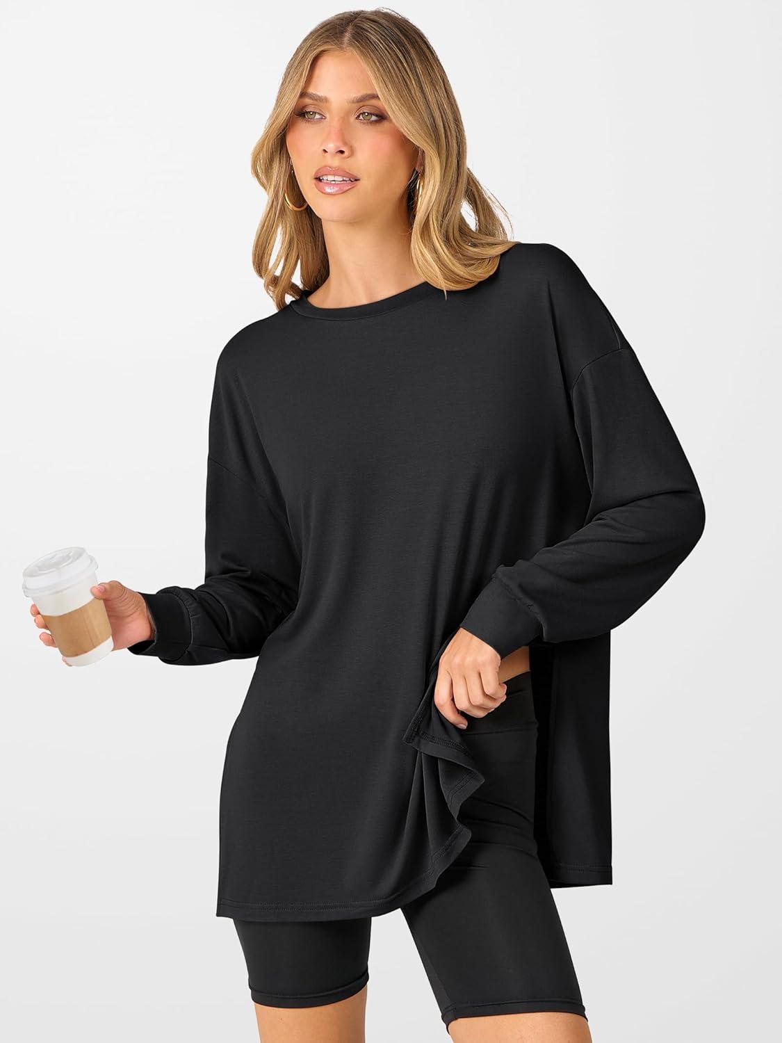 imageANRABESS Womens Oversized Long Sleeve shirts Fall Workout Tunic Tops Athletic Gym Tshirts Soft Basic Tees 2025 OutfitsBlack