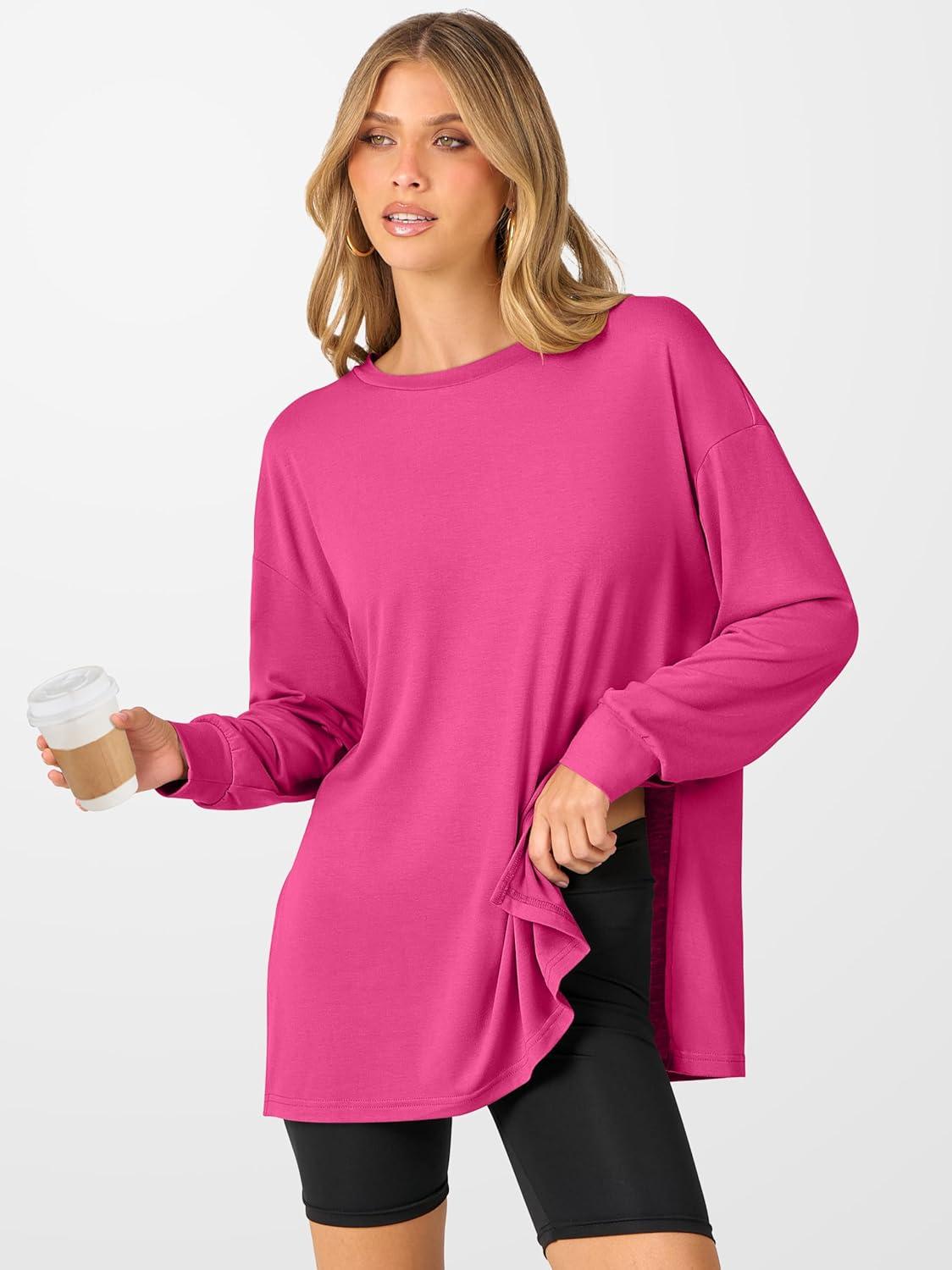 imageANRABESS Womens Oversized Long Sleeve shirts Fall Workout Tunic Tops Athletic Gym Tshirts Soft Basic Tees 2025 OutfitsHot Pink