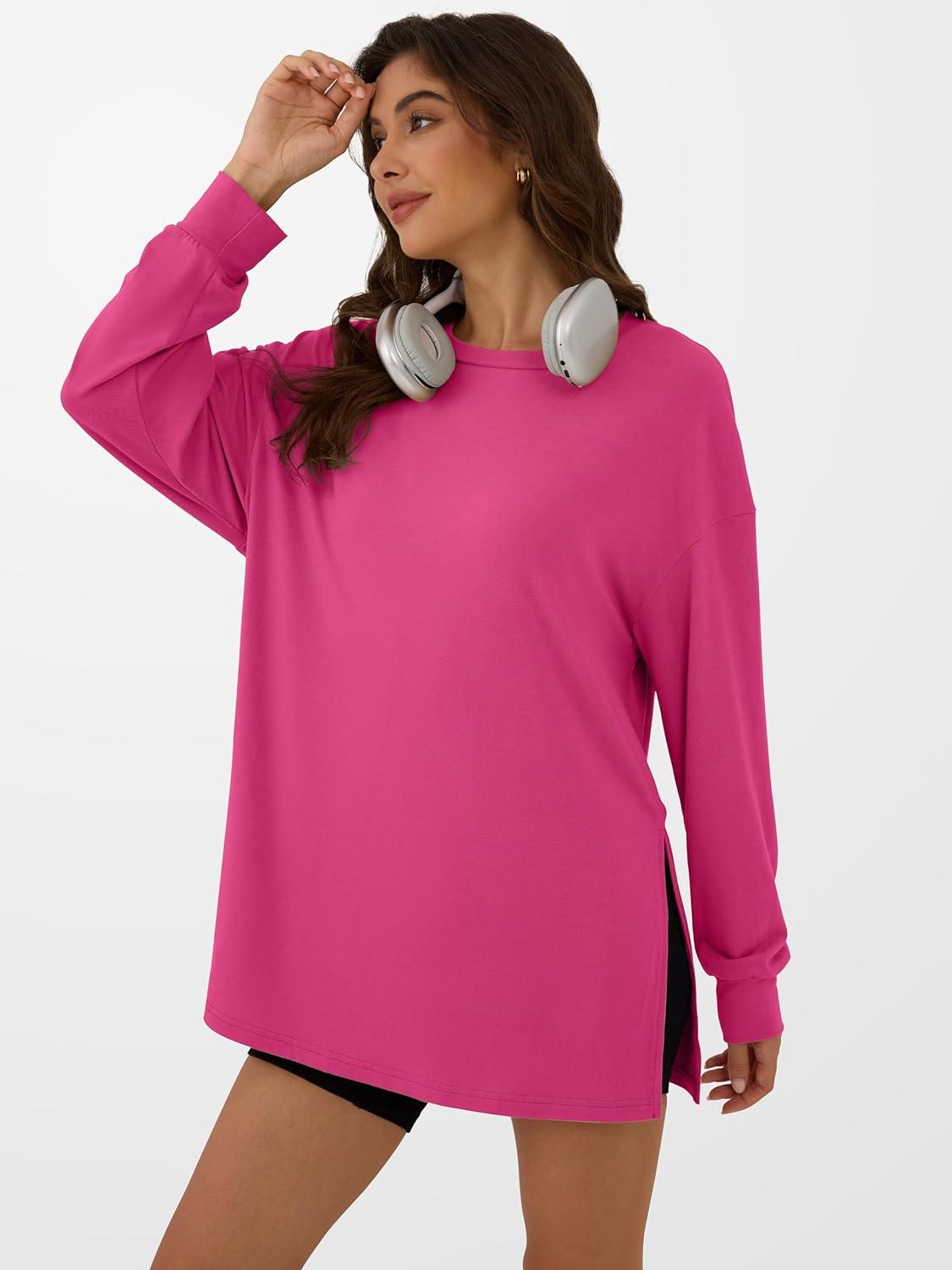 imageANRABESS Womens Oversized Long Sleeve shirts Fall Workout Tunic Tops Athletic Gym Tshirts Soft Basic Tees 2025 OutfitsHot Pink