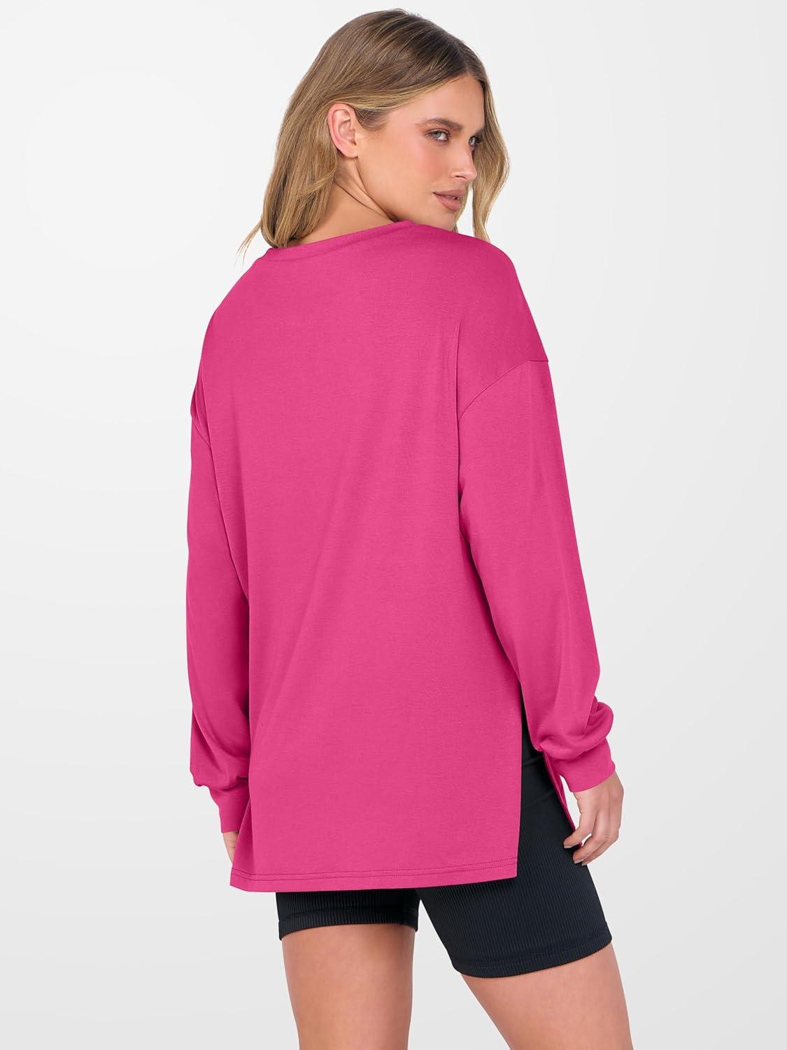 imageANRABESS Womens Oversized Long Sleeve shirts Fall Workout Tunic Tops Athletic Gym Tshirts Soft Basic Tees 2025 OutfitsHot Pink