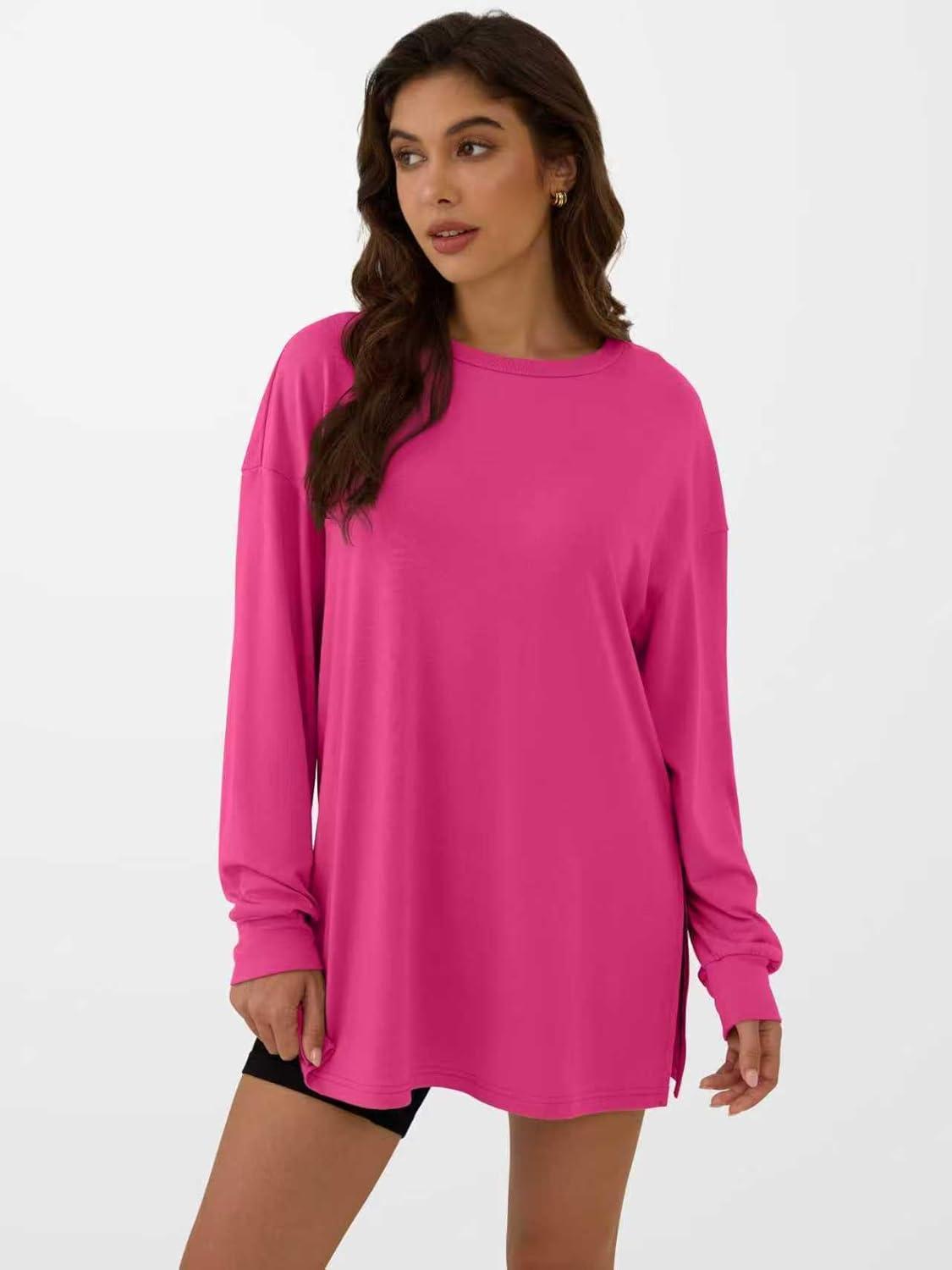 imageANRABESS Womens Oversized Long Sleeve shirts Fall Workout Tunic Tops Athletic Gym Tshirts Soft Basic Tees 2025 OutfitsHot Pink