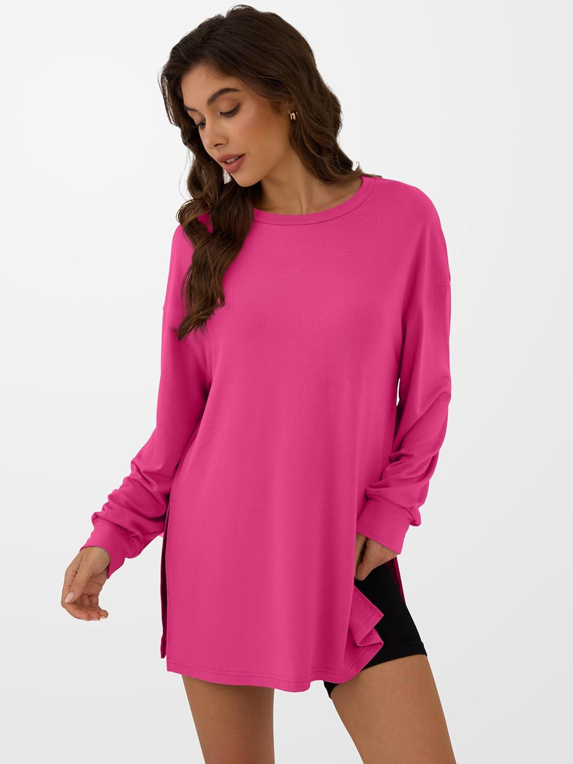 imageANRABESS Womens Oversized Long Sleeve shirts Fall Workout Tunic Tops Athletic Gym Tshirts Soft Basic Tees 2025 OutfitsHot Pink