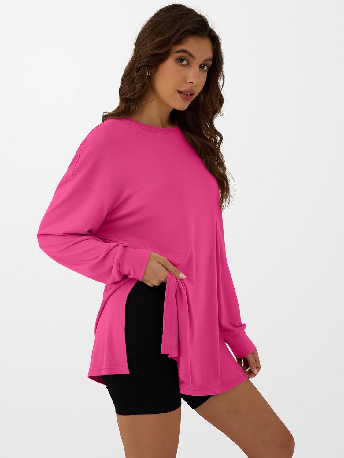 imageANRABESS Womens Oversized Long Sleeve shirts Fall Workout Tunic Tops Athletic Gym Tshirts Soft Basic Tees 2025 OutfitsHot Pink