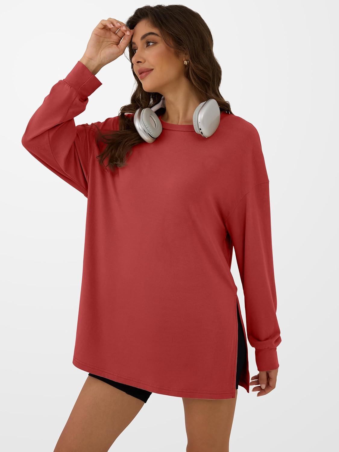 imageANRABESS Womens Oversized Long Sleeve shirts Fall Workout Tunic Tops Athletic Gym Tshirts Soft Basic Tees 2025 OutfitsOrange