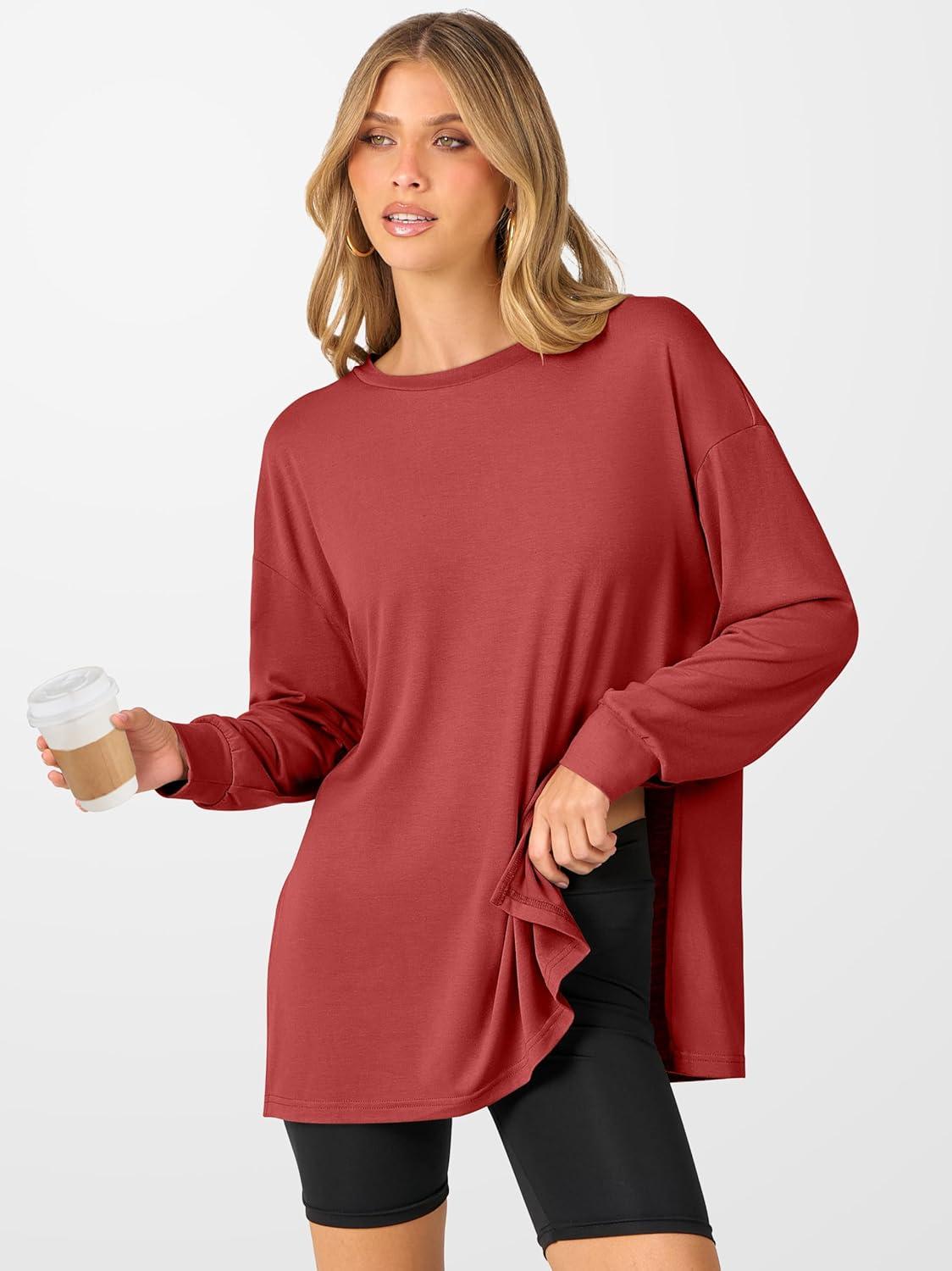 imageANRABESS Womens Oversized Long Sleeve shirts Fall Workout Tunic Tops Athletic Gym Tshirts Soft Basic Tees 2025 OutfitsOrange