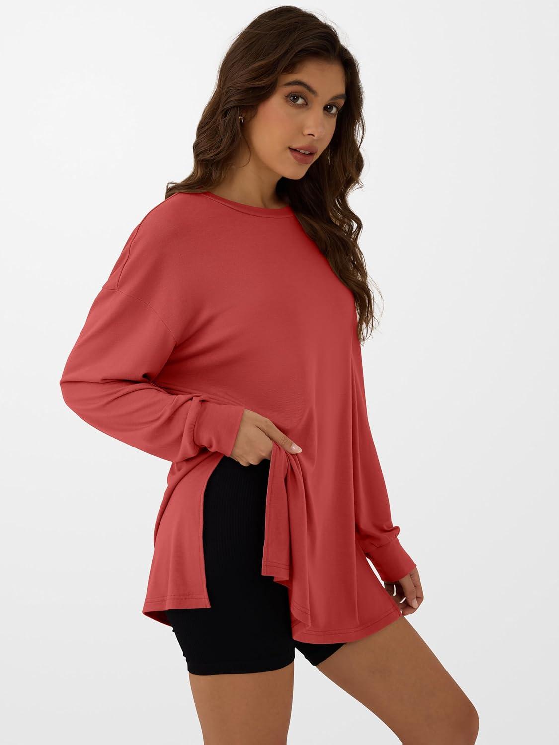 imageANRABESS Womens Oversized Long Sleeve shirts Fall Workout Tunic Tops Athletic Gym Tshirts Soft Basic Tees 2025 OutfitsOrange