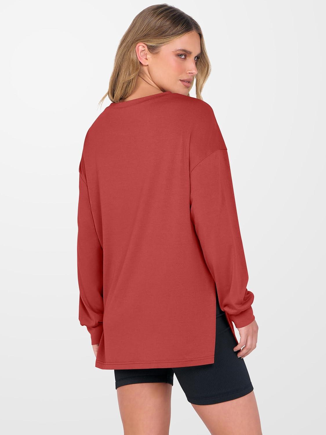 imageANRABESS Womens Oversized Long Sleeve shirts Fall Workout Tunic Tops Athletic Gym Tshirts Soft Basic Tees 2025 OutfitsOrange