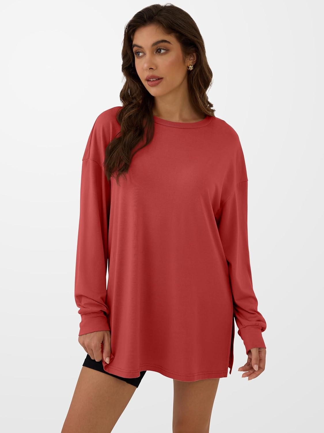 imageANRABESS Womens Oversized Long Sleeve shirts Fall Workout Tunic Tops Athletic Gym Tshirts Soft Basic Tees 2025 OutfitsOrange