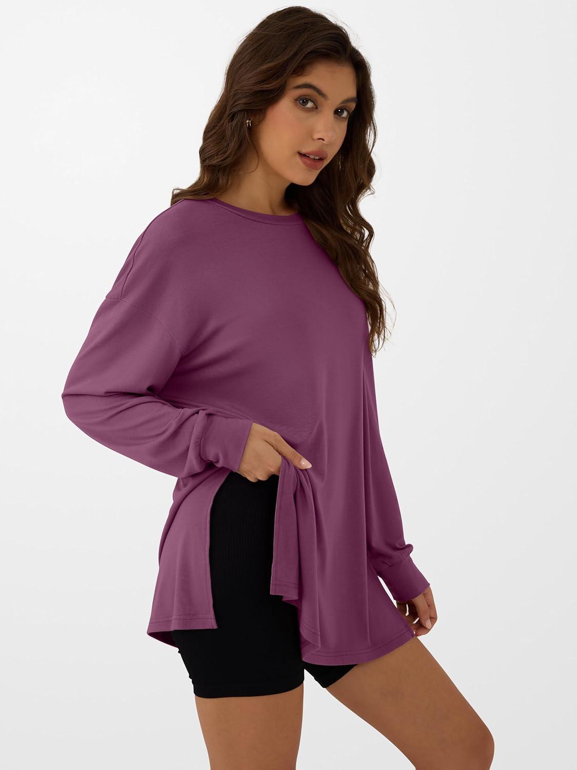imageANRABESS Womens Oversized Long Sleeve shirts Fall Workout Tunic Tops Athletic Gym Tshirts Soft Basic Tees 2025 OutfitsPurple