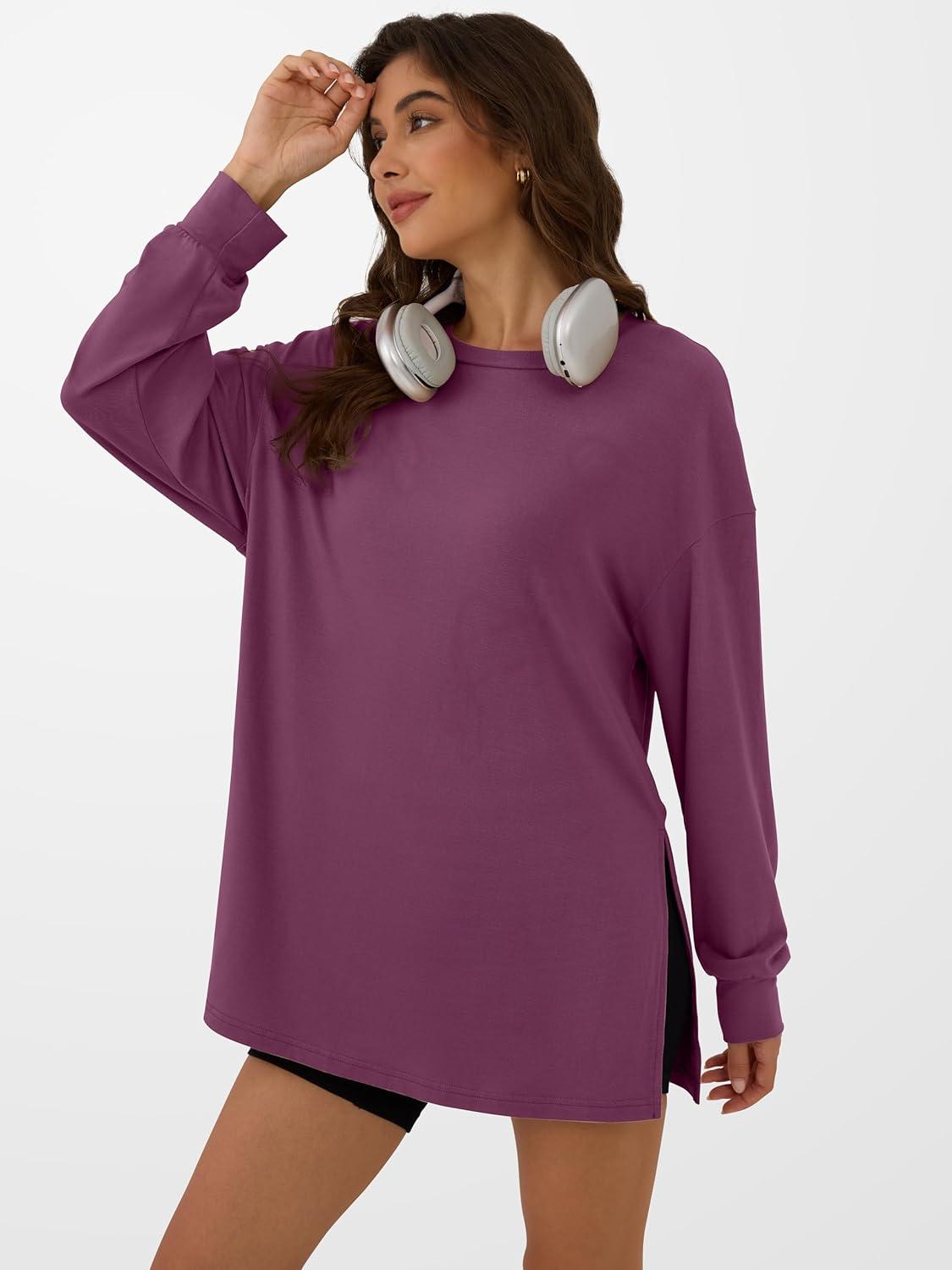 imageANRABESS Womens Oversized Long Sleeve shirts Fall Workout Tunic Tops Athletic Gym Tshirts Soft Basic Tees 2025 OutfitsPurple