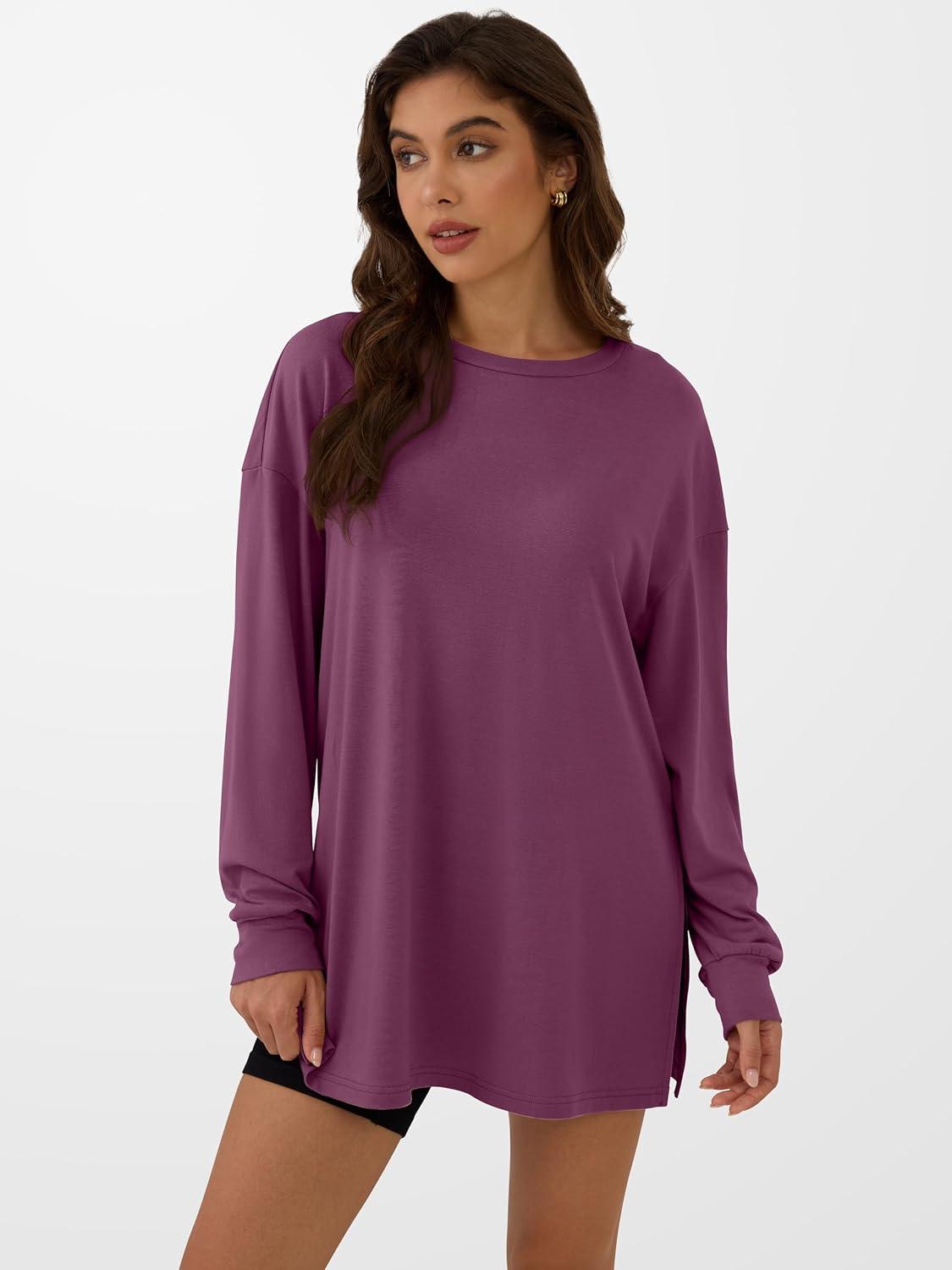 imageANRABESS Womens Oversized Long Sleeve shirts Fall Workout Tunic Tops Athletic Gym Tshirts Soft Basic Tees 2025 OutfitsPurple