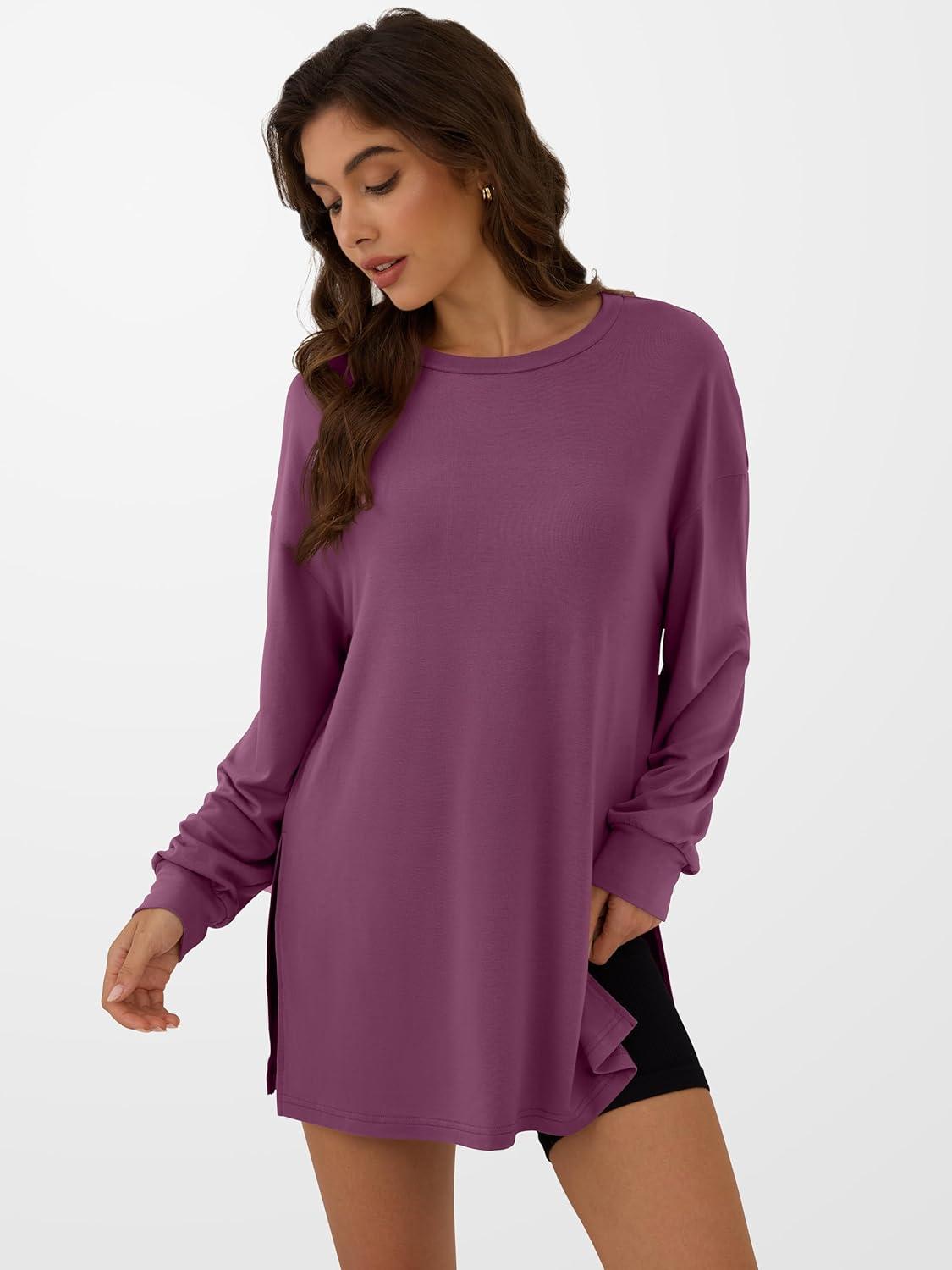 imageANRABESS Womens Oversized Long Sleeve shirts Fall Workout Tunic Tops Athletic Gym Tshirts Soft Basic Tees 2025 OutfitsPurple