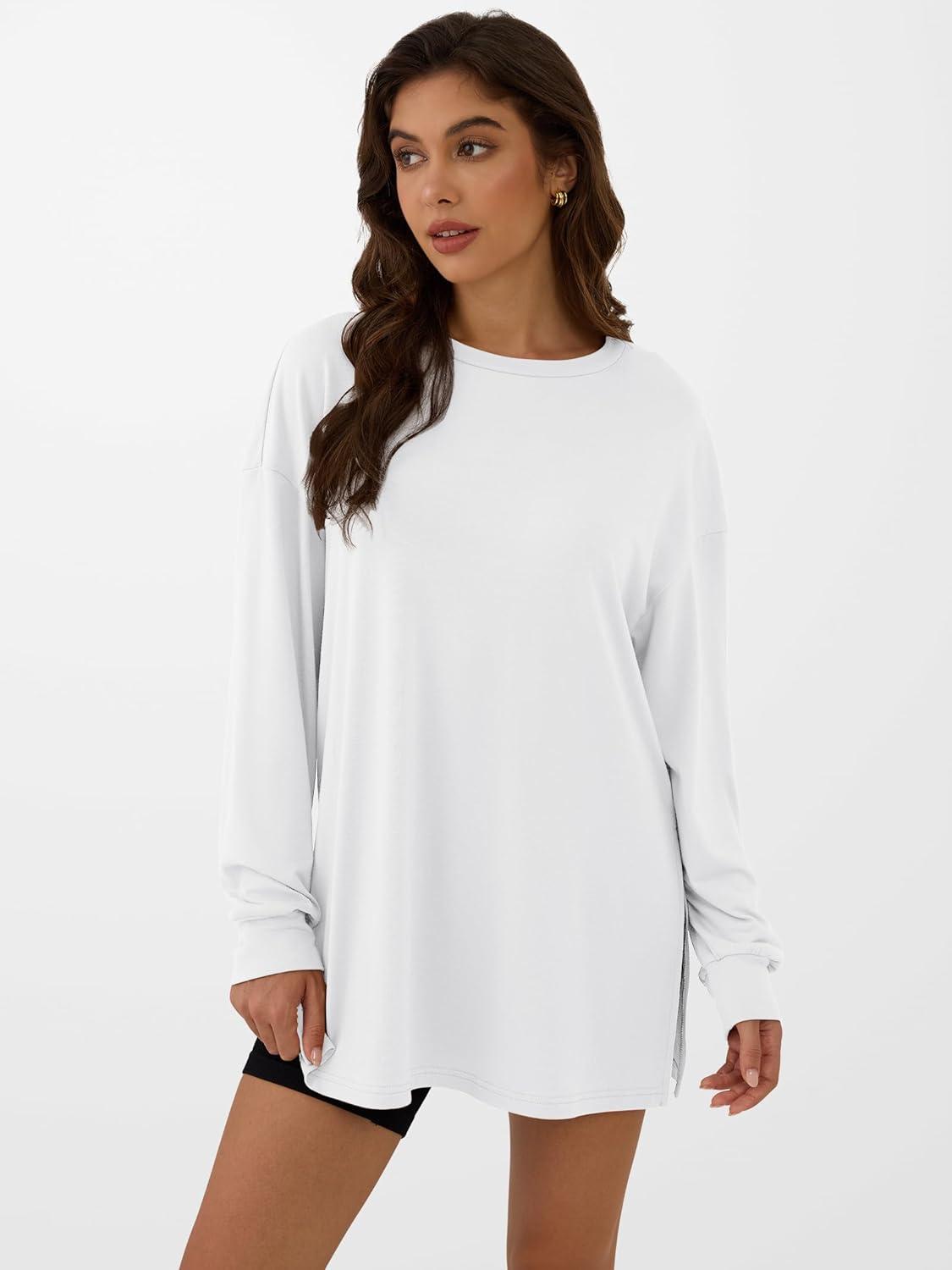 imageANRABESS Womens Oversized Long Sleeve shirts Fall Workout Tunic Tops Athletic Gym Tshirts Soft Basic Tees 2025 OutfitsWhite