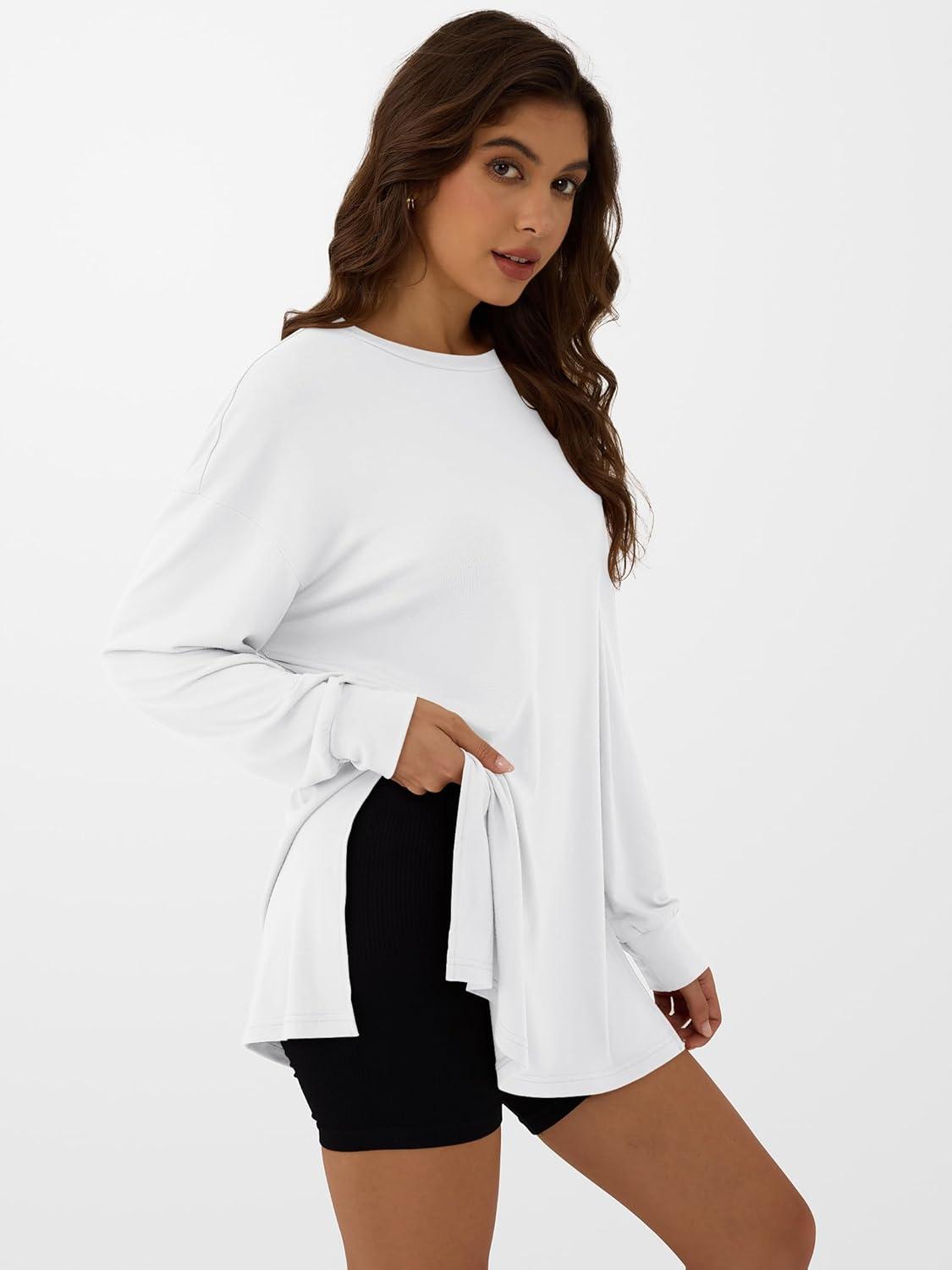 imageANRABESS Womens Oversized Long Sleeve shirts Fall Workout Tunic Tops Athletic Gym Tshirts Soft Basic Tees 2025 OutfitsWhite