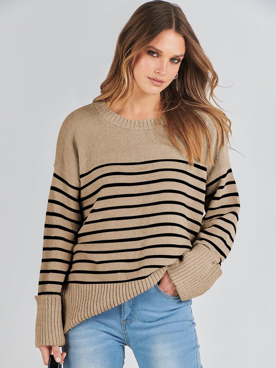 imageANRABESS Womens Oversized Sweaters 2025 Long Sleeve Fuzzy Knit Casual Chunky Pullover Sweater Fall Outfits ClothesCamel Black Stripe