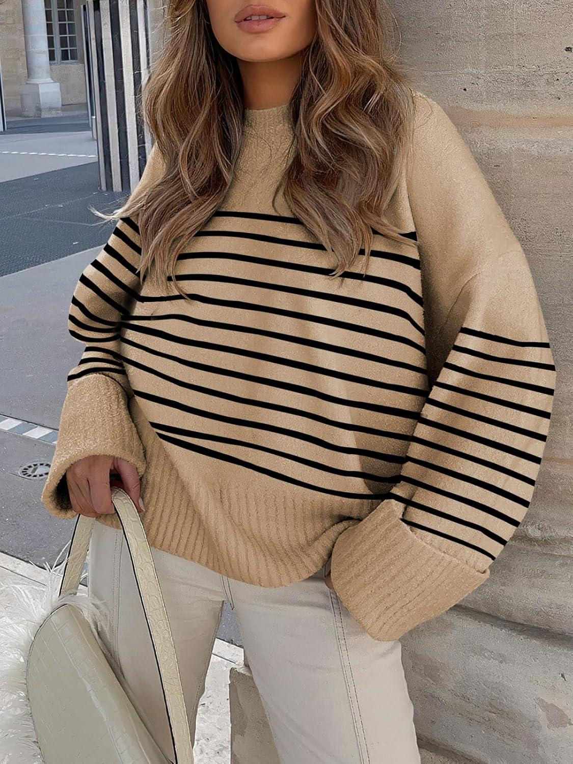imageANRABESS Womens Oversized Sweaters 2025 Long Sleeve Fuzzy Knit Casual Chunky Pullover Sweater Fall Outfits ClothesCamel Black Stripe