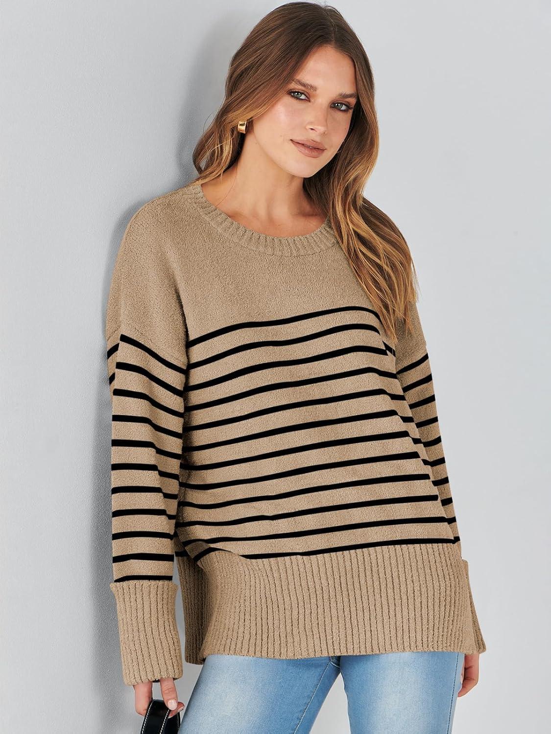 imageANRABESS Womens Oversized Sweaters 2025 Long Sleeve Fuzzy Knit Casual Chunky Pullover Sweater Fall Outfits ClothesCamel Black Stripe