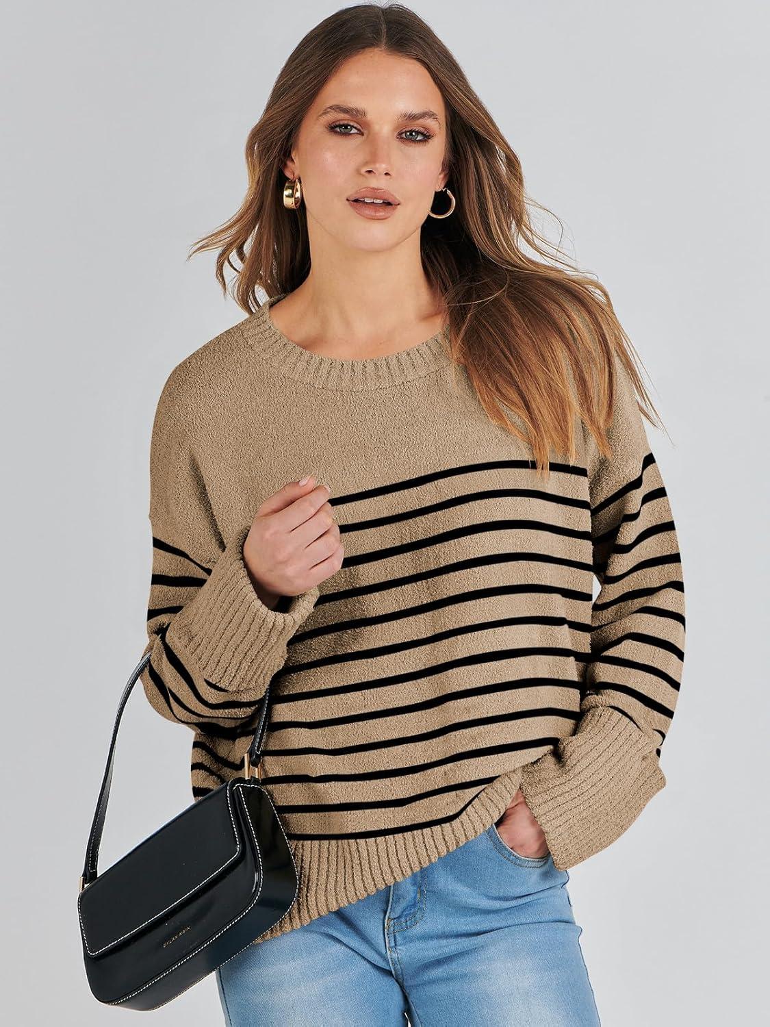 imageANRABESS Womens Oversized Sweaters 2025 Long Sleeve Fuzzy Knit Casual Chunky Pullover Sweater Fall Outfits ClothesCamel Black Stripe
