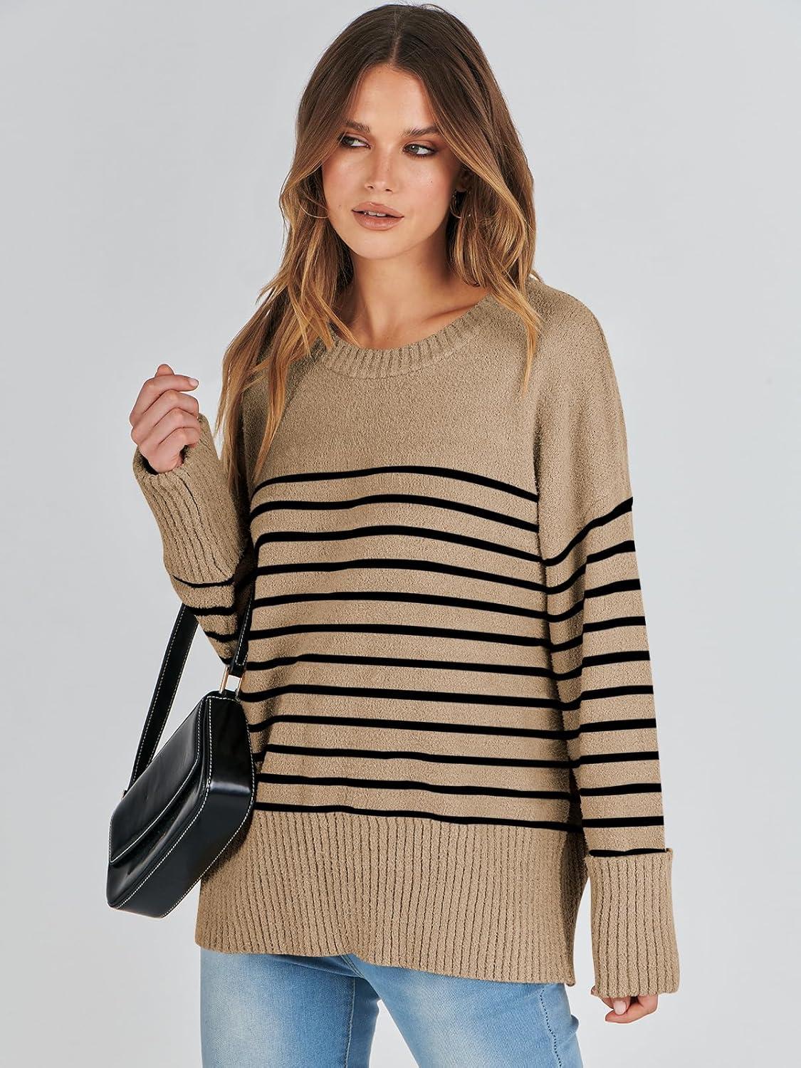 imageANRABESS Womens Oversized Sweaters 2025 Long Sleeve Fuzzy Knit Casual Chunky Pullover Sweater Fall Outfits ClothesCamel Black Stripe