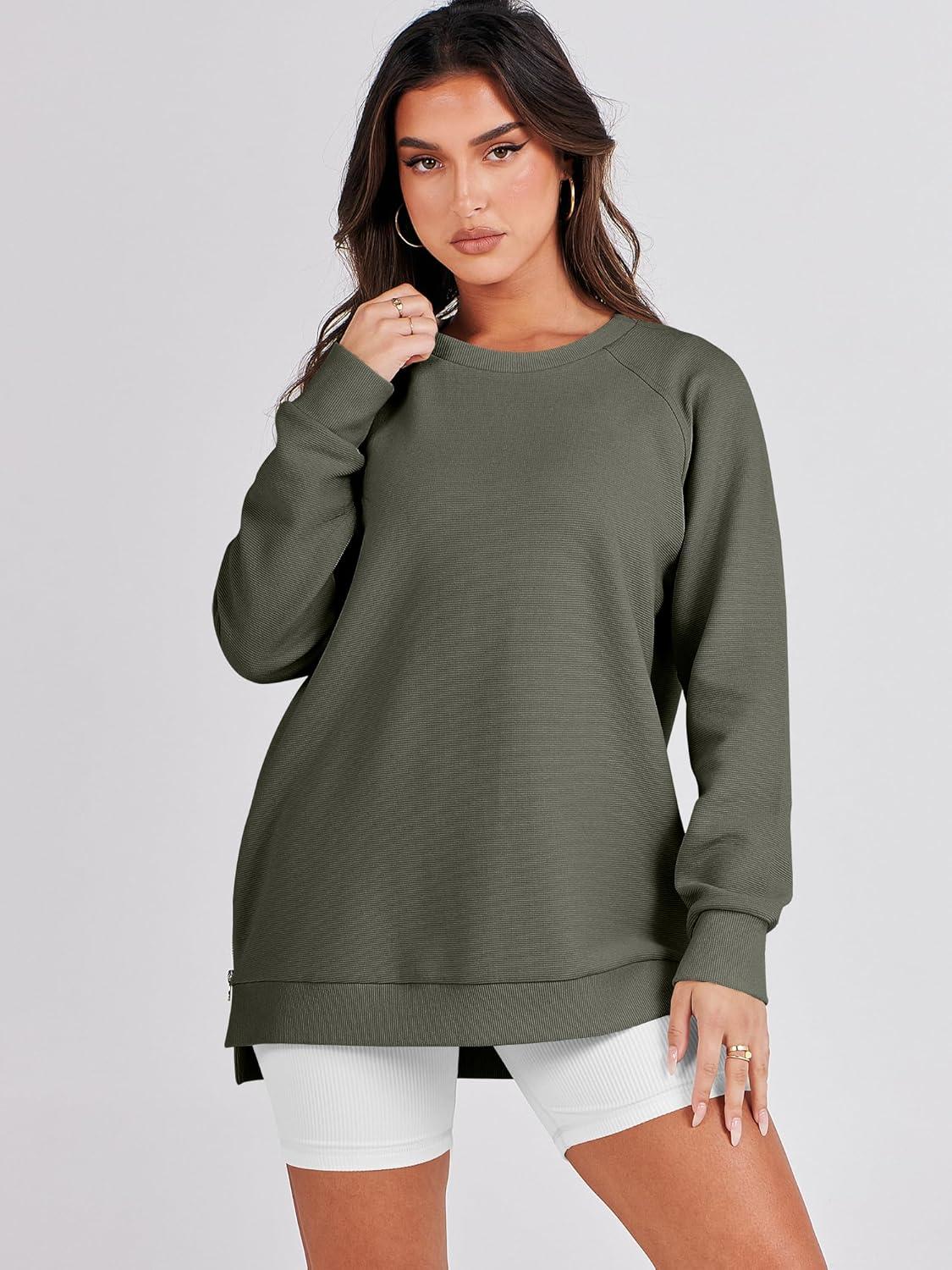 imageANRABESS Womens Oversized Sweatshirts Crewneck Long Sleeve Tunic Pullover Shirts Side Zipper Hoodies 2025 Fall ClothesArmy Green